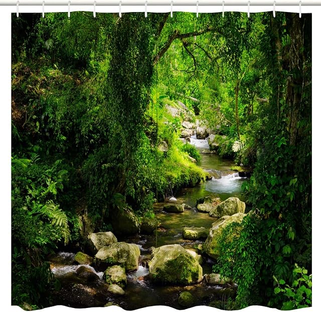 JOOCAR Design Shower Curtain, Green Nature Forest Jungle Tropical Rainforest Woodland Stream Flowing Mossy Rocks Summer Landscape Scenery, Waterproof Cloth Fabric Bathroom Decor Set with Hooks