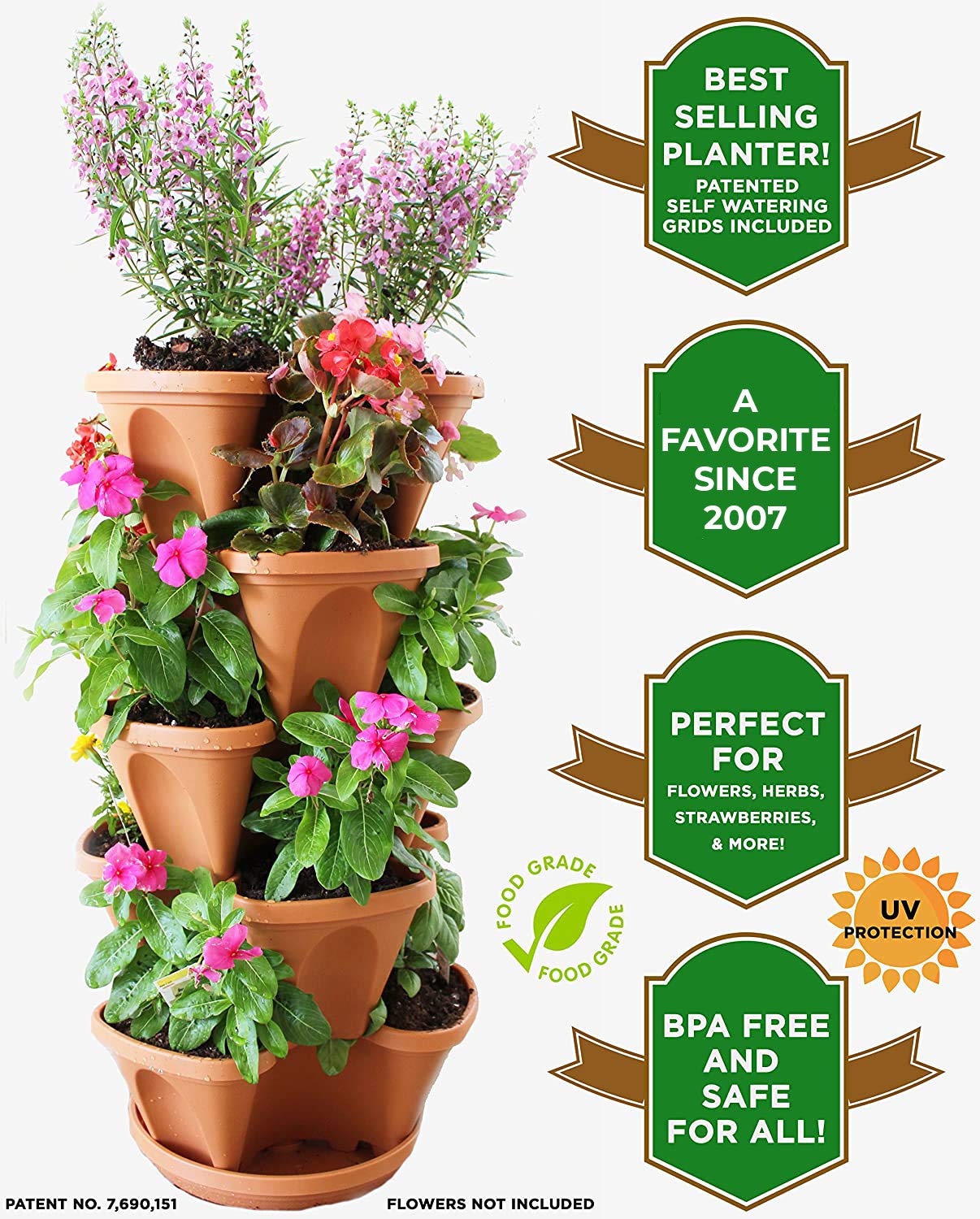 Nature’s 5 Tier Stackable Vertical Garden Planter – Patented Self-Watering Strawberry Tower for Indoor/Outdoor Use – Stacking Pots for Herbs, Tomatoes, Carrots, Vegetables & More