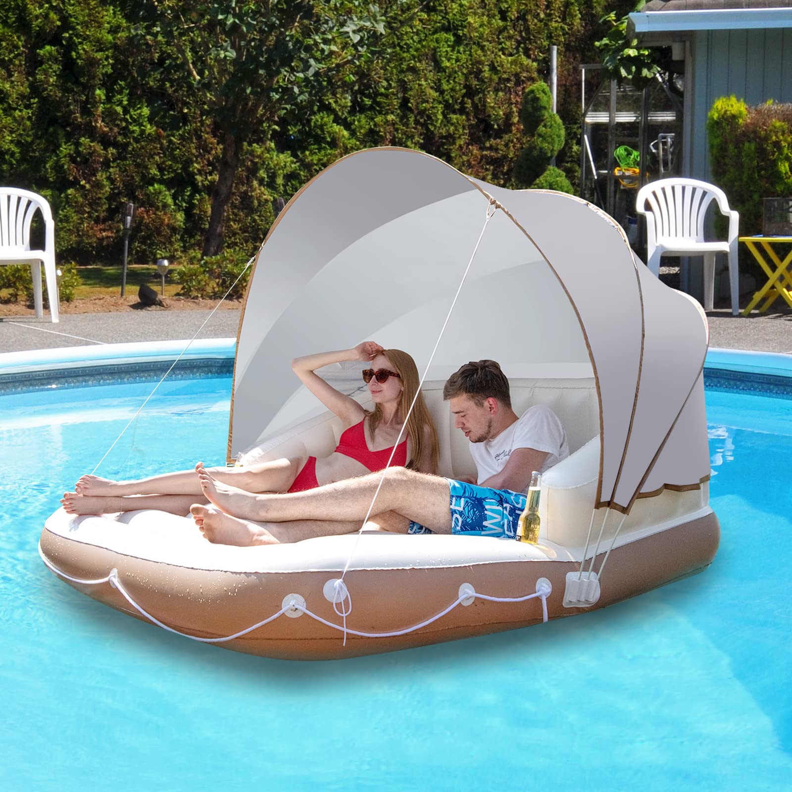KOMFOTTEU Lounge Gonfiabile, 180 x 180 x 160 cm, Isola Gallegiante, Amaca ad Acqua con Parasole, Materasso da Nuoto con Baldacchino Rimovibile, Materasso ad Aria per Interni ed Esterni