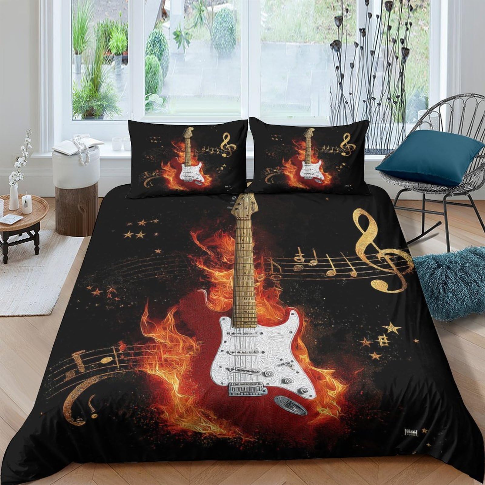 Ctjqhvkz Style-7 3D Printed Fire Guitar Fitted Sheet Microfiber Music Note Bed Cover Anti-Slip Washable Decor For Bedroom Guest Room Single（135X200cm）