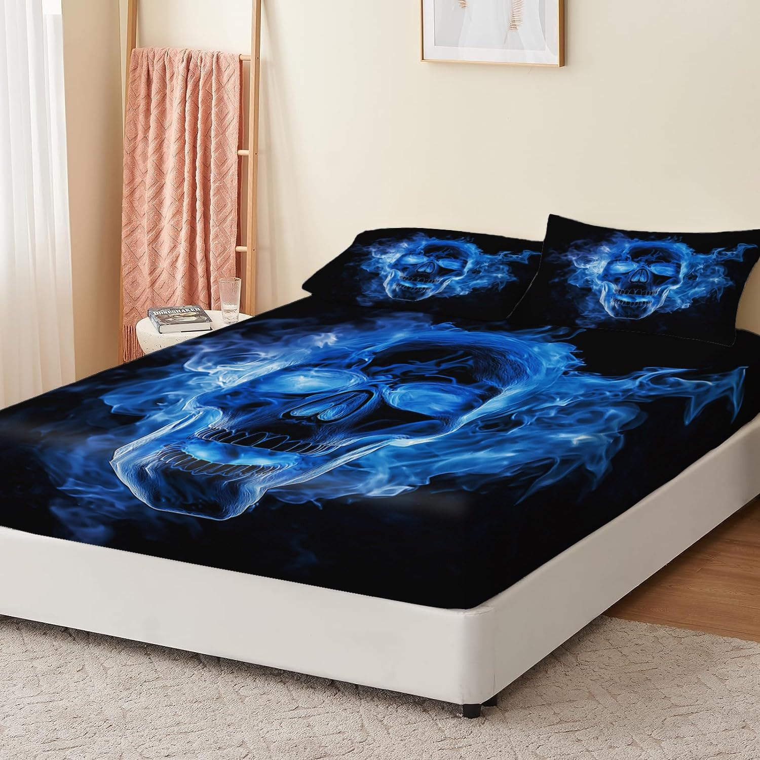 Lenzuolo con angoli Blu Lenzuolo con angoli in microfibra per 160 x 200 cmTeschio fiammeggiante in stile gotico Decorazione per la stanza in microfibra per ragazzi e ragazze