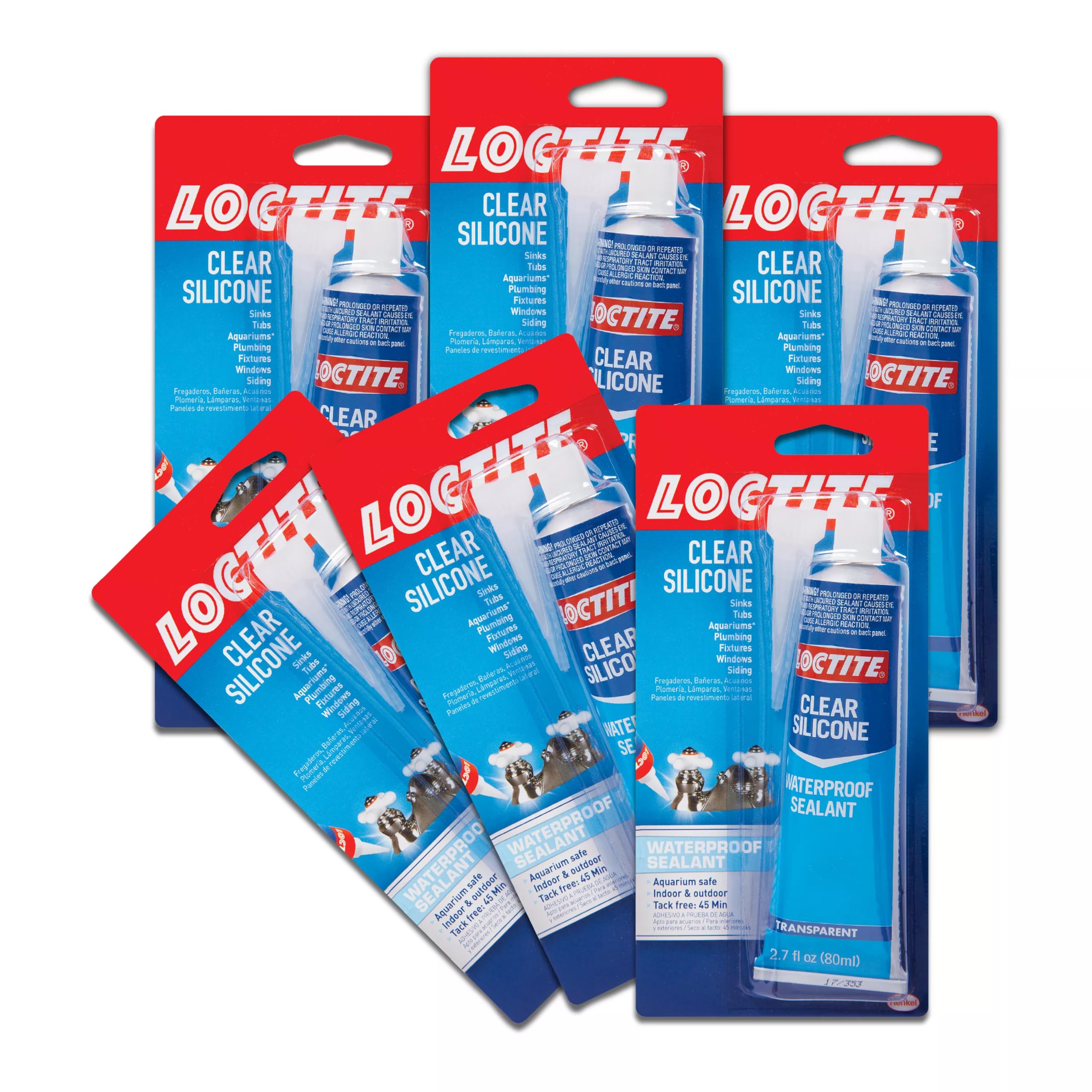 LoctiteSilicone Sealant, Clear, 2.7 fl oz Tube, 6 Pack - 100% Waterproof Sealant for Glass, Ceramic, Wood, Plastic & More