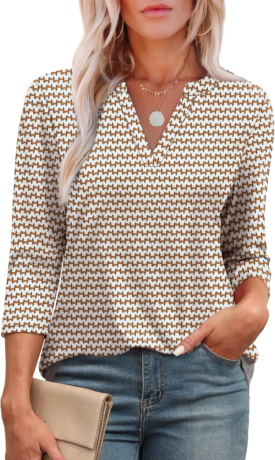 OFEEFAN 3/4 Length Sleeve Womens Tops V Neck Tunic Shirts Loose Curved Hem Blouses Dressy Casual S-3XL