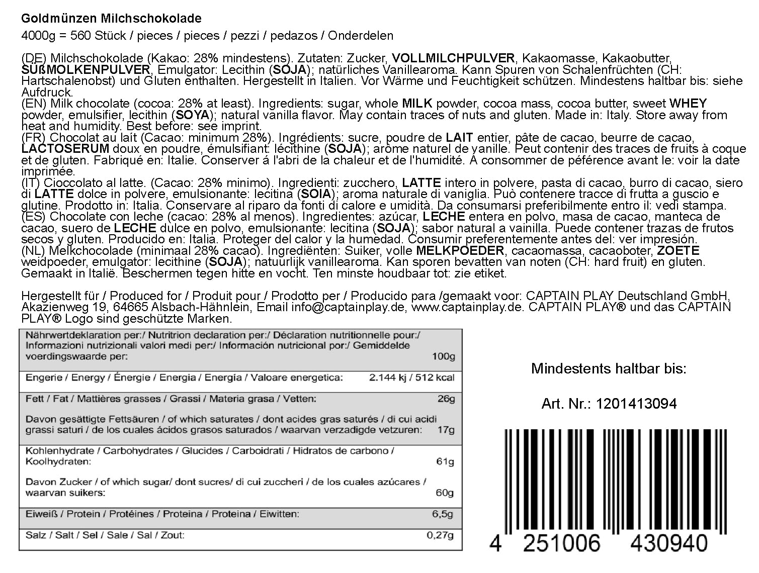 CAPTAIN PLAY Goldmünzen, 4kg Wurfmaterial Karneval, 560 Goldmünzen Schokolade in Einzelverpackung, Süßigkeiten Großpackungen