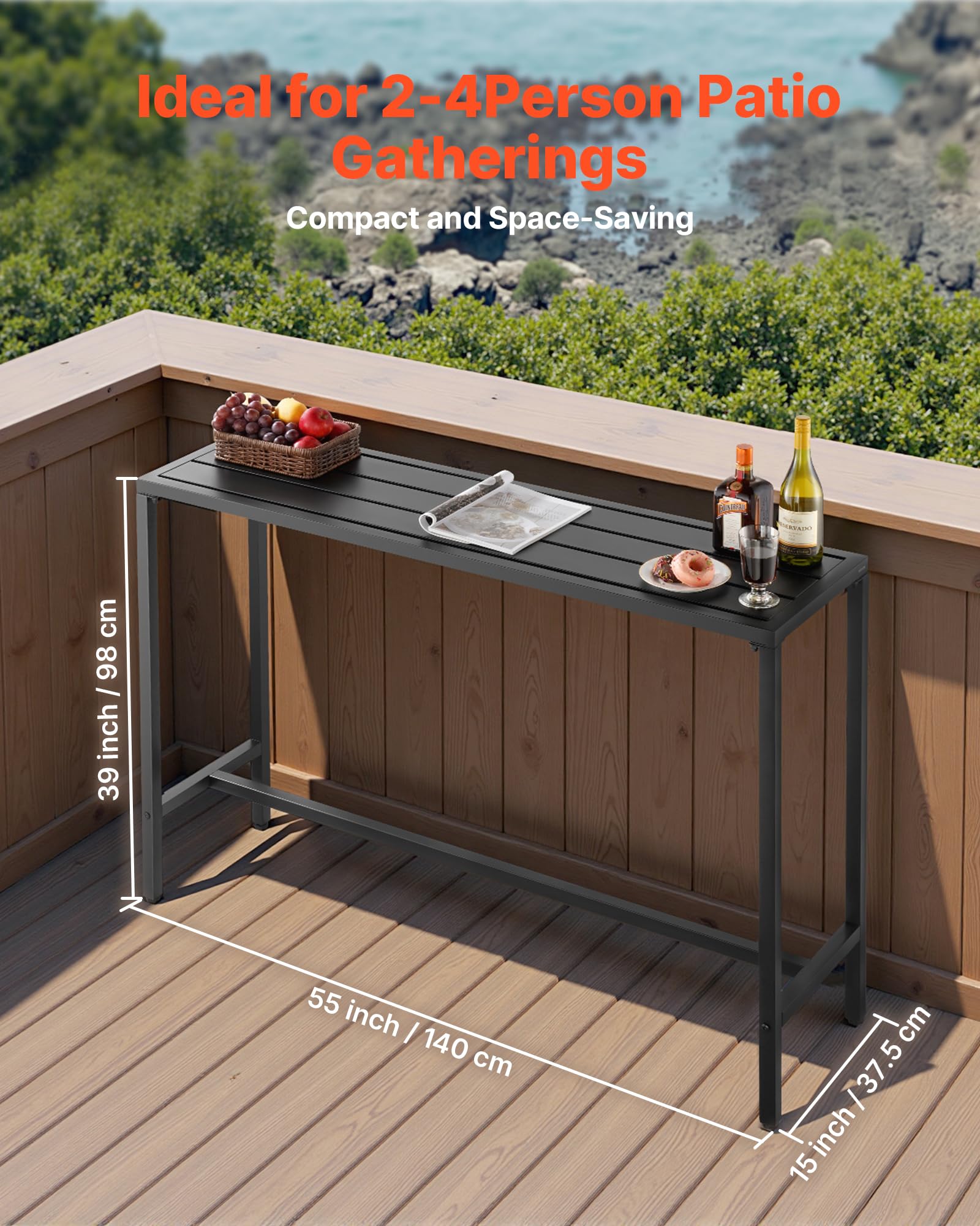 VEVOR Table de Bar Haute Extérieur, 140 x 37,5 cm, Table à Manger Rectangulaire, avec Plateau Étanche, Structure en Métal Robuste, Mobilier de Jardin pour Patio, Terrasse, Bord de Piscine, Intérieur