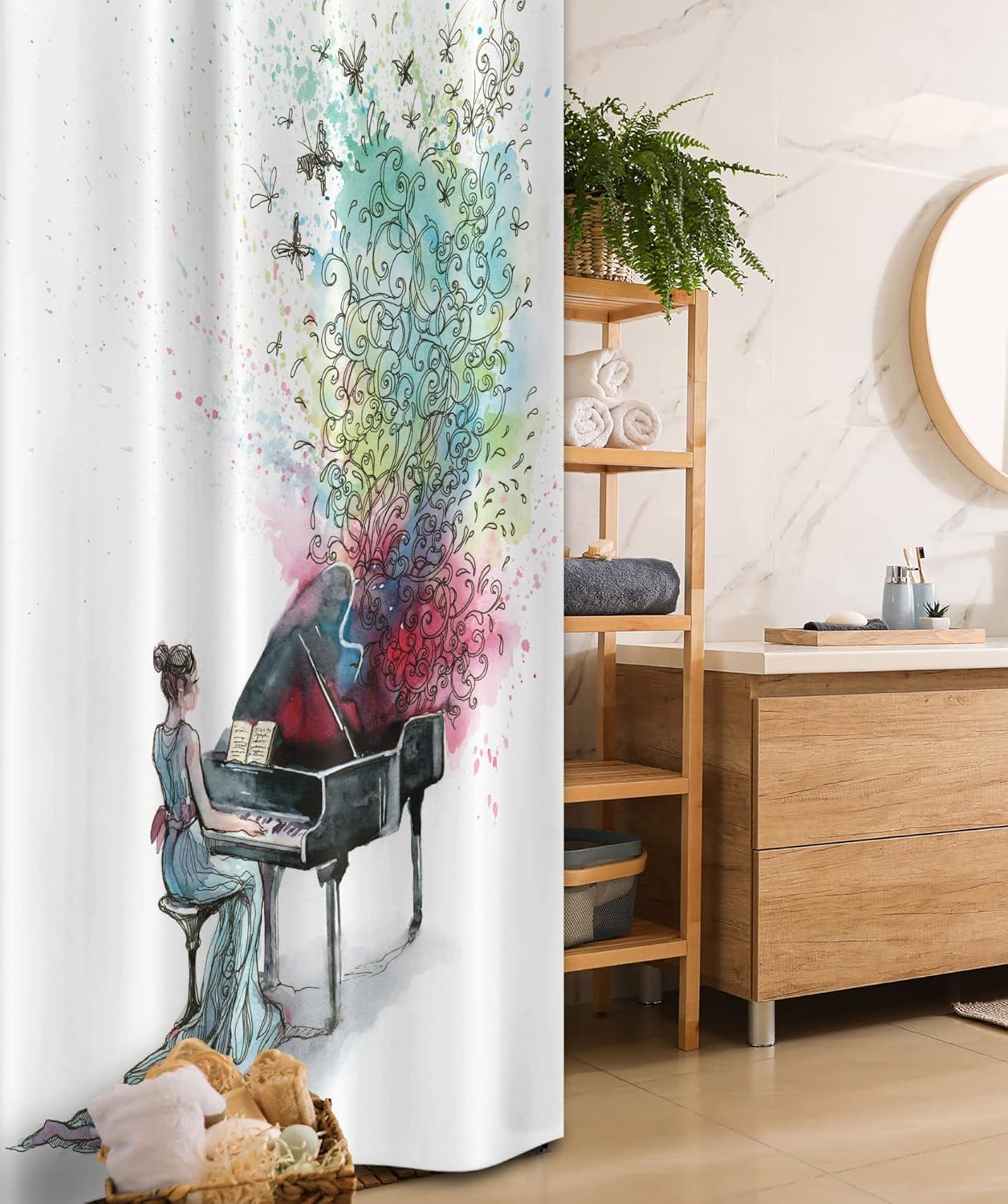 Ambesonne Music Stall Shower Curtain, Grand Piano Musician Butterflies Ornamental Pianist Swirls Vintage Style Notes, Fabric Bathroom Decor Set with Hooks, 36" W x 72" L, Multicolor