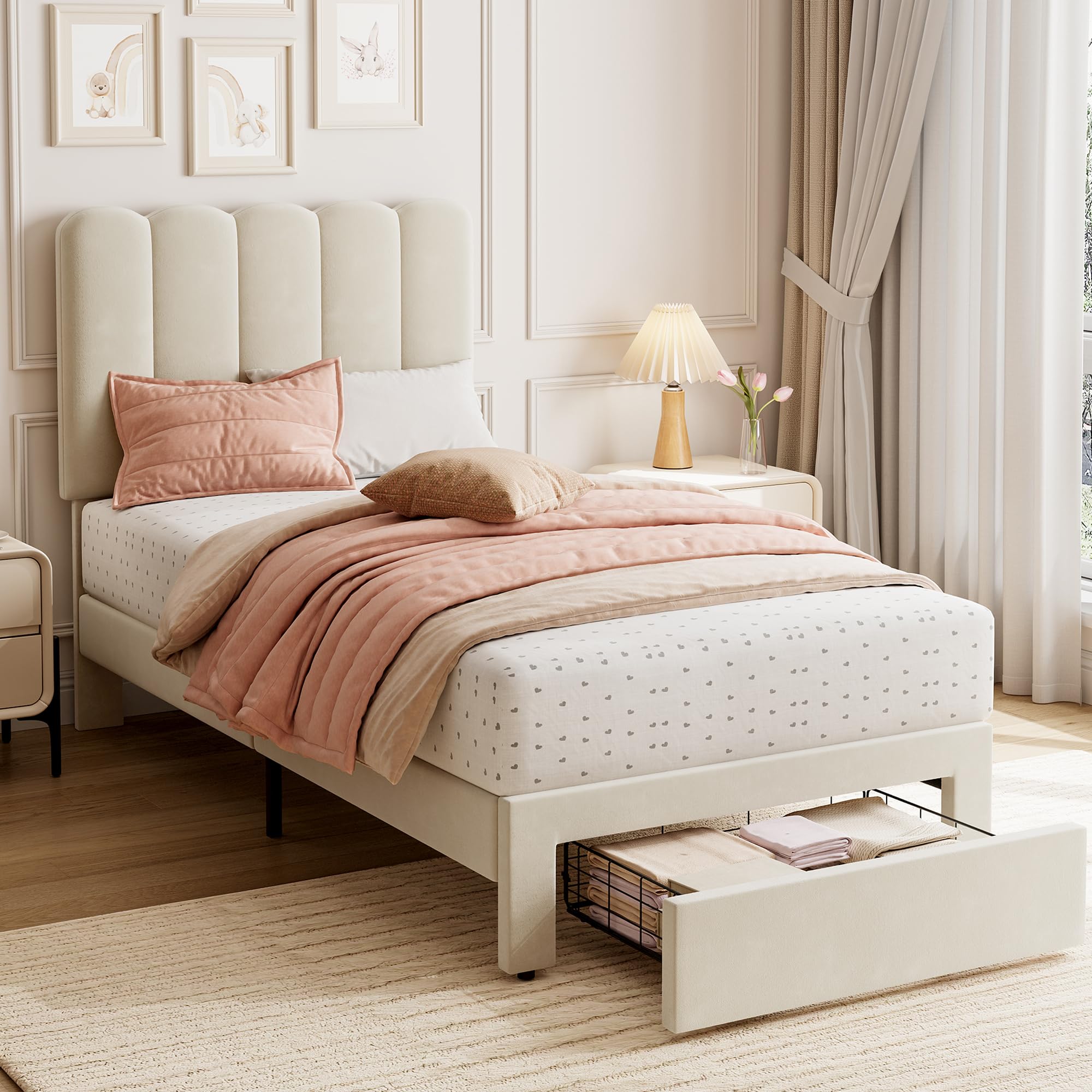 GarveeHome Twin Upholstered Bed White