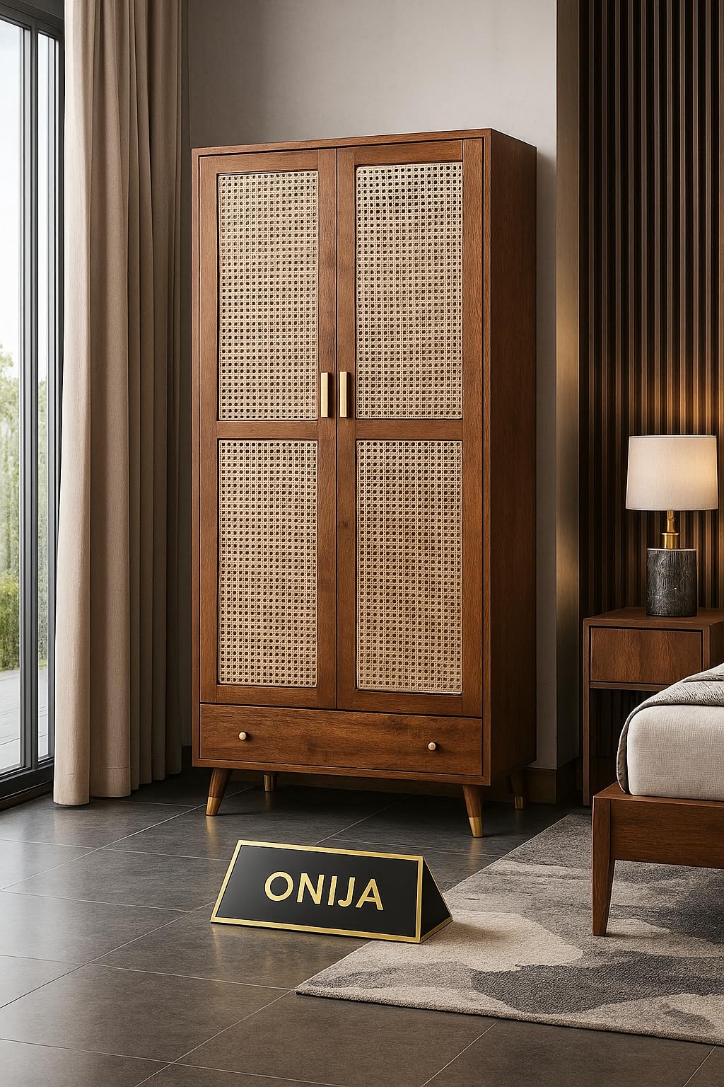 ONIJA Solid Wood Brown Finish Cane Wardrobe with Rattan Doors & Drawers | Almirah for Living Room, Dining Room, Bed Room & Guest Room | 54D x 90W x 185H CM