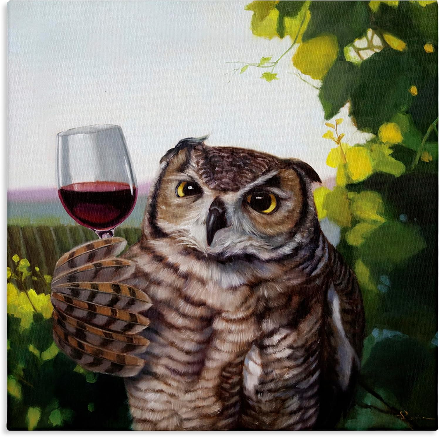 Stupell Industries Horned Owl Drinking Red Wine Vineyard Bird Canvas Wall Art, 17 x 17, Green