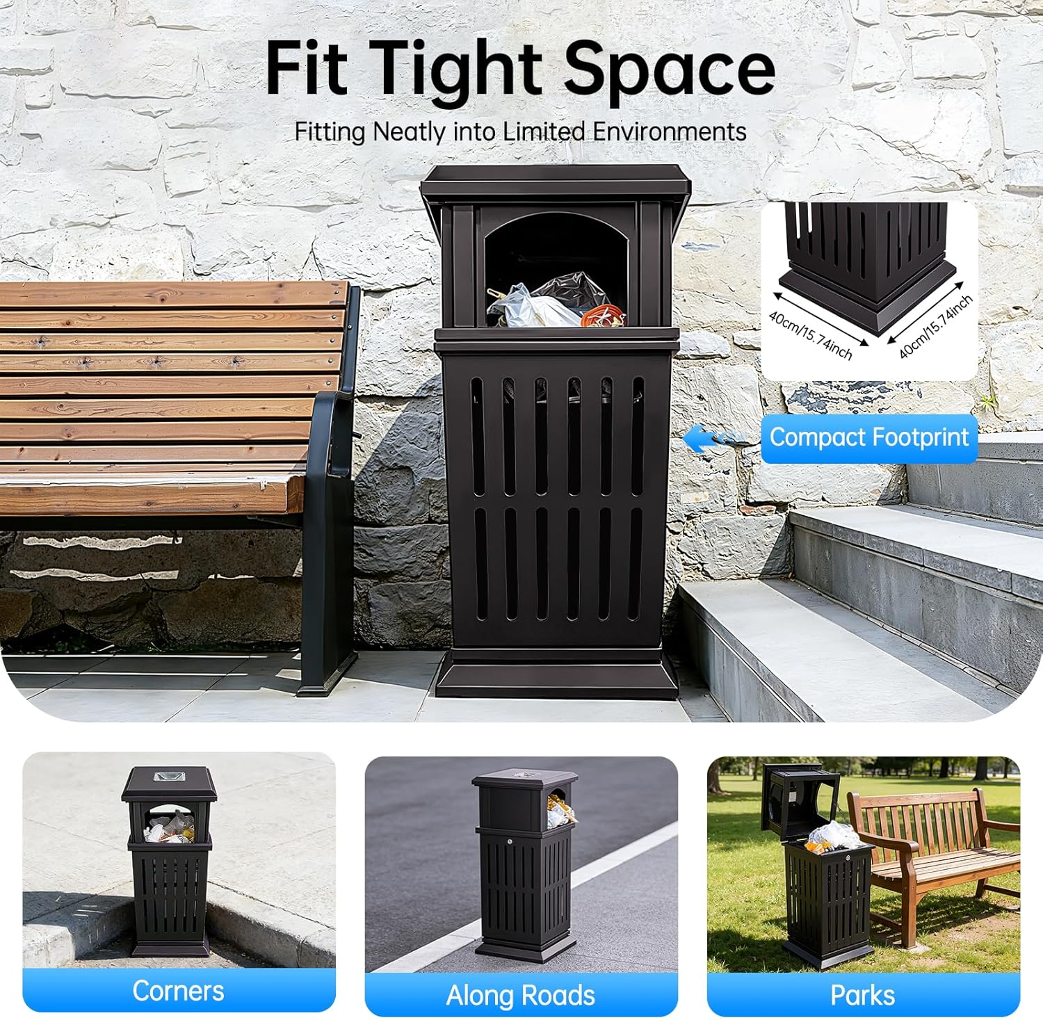 Industrial Waste Container for Commercial Trash Disposal, Black Bin with Waistband, Heavy Duty Indoor Outdoor Use, Restaurant Warehouse Facility Staff