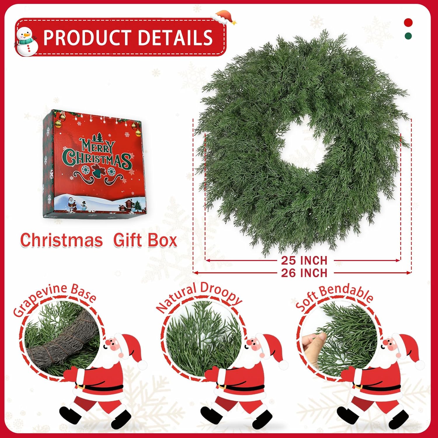 26 Inch Christmas Wreaths for Front Door Realistic Large Winter Greenery Pine Cedar Wreaths for Windows Xmas Holiday Home Table Mantle Yard Farmhouse Wall Door Porch Hanging Decor Outdoor Indoor - Image 3