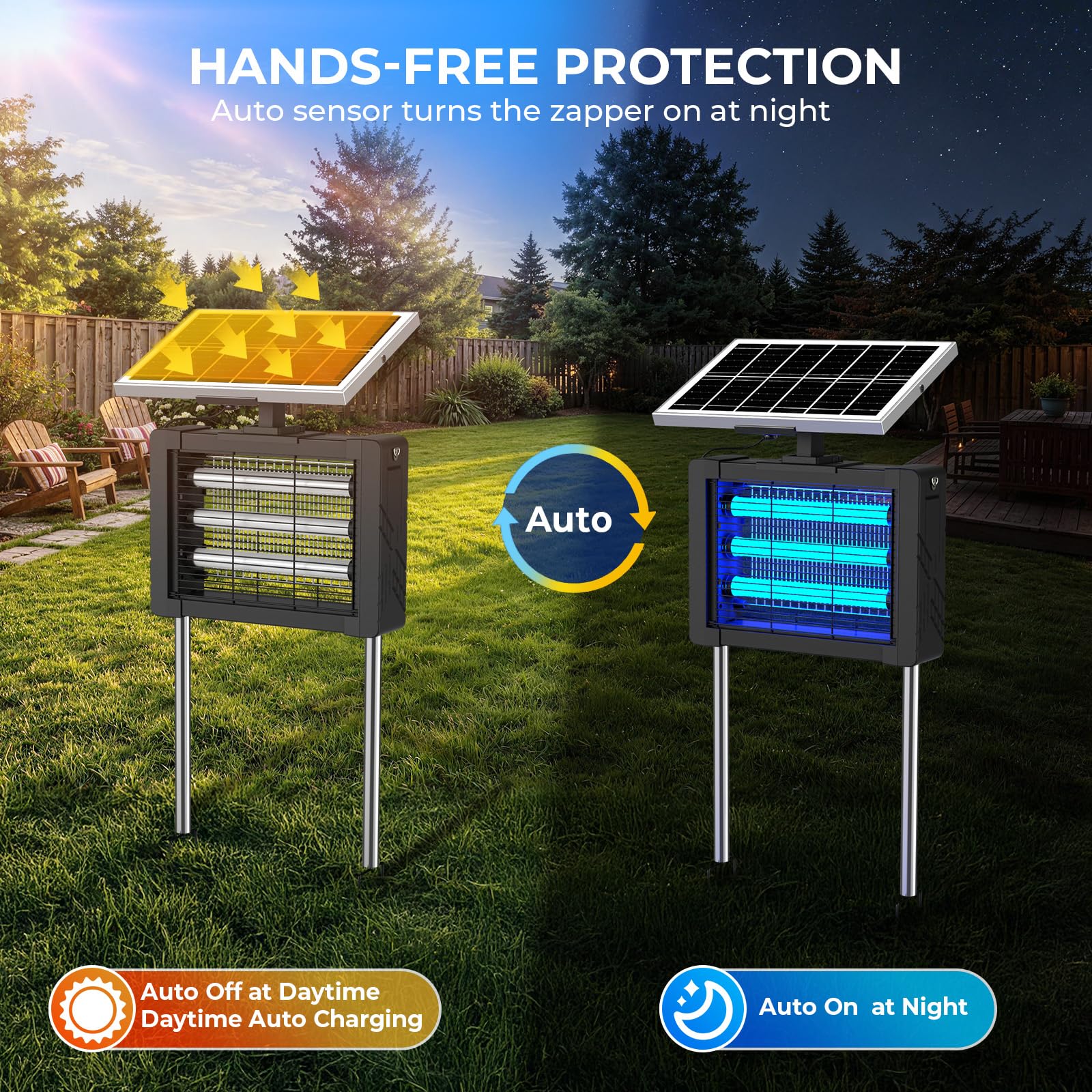 Solar Bug Zapper Outdoor, Tragbarer wiederaufladbarer Moskito-Zap mit 3 Lampen, 4500 V elektrischer Insektenvernichter, 5400 mAh Akku, 3 m Solarkabel, IPX5 wasserdichter Fliegenvernichter für Terrasse