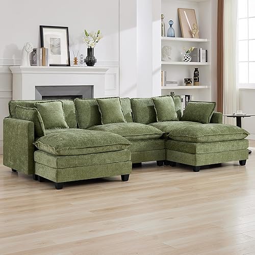 Miniatura 9 de Sofá seccional de 111'' con asiento profundo tipo nube, sofá seccional moderno y cómodo de chenilla en forma de L para juego de sala de estar, sofá