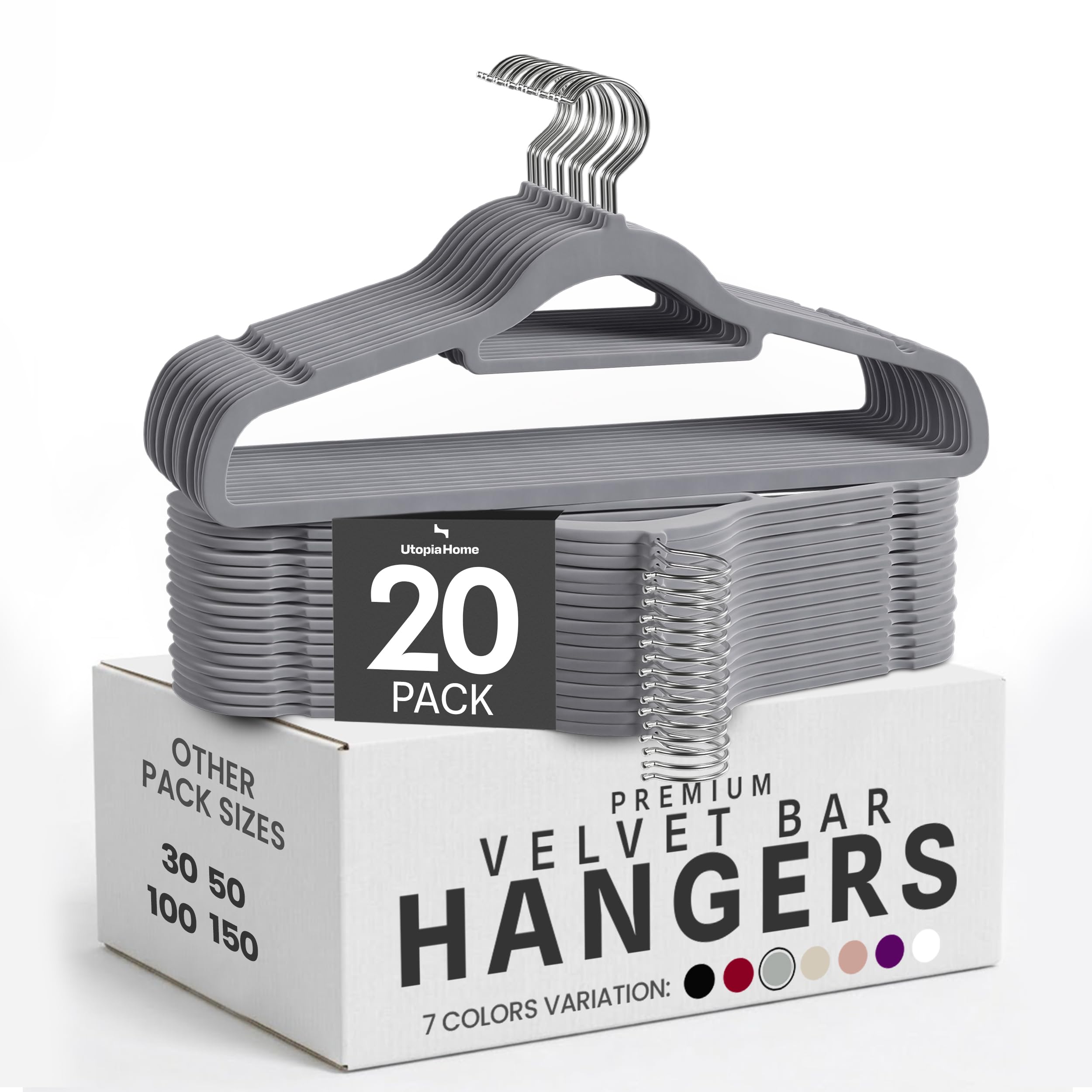 Utopia Home Pack of 20 Velvet Suit Hangers with Tie Bar - Heavy Duty Non-Slip Premium Hangers for Adult Clothes - 360 Degree Swivel Hook, Grey
