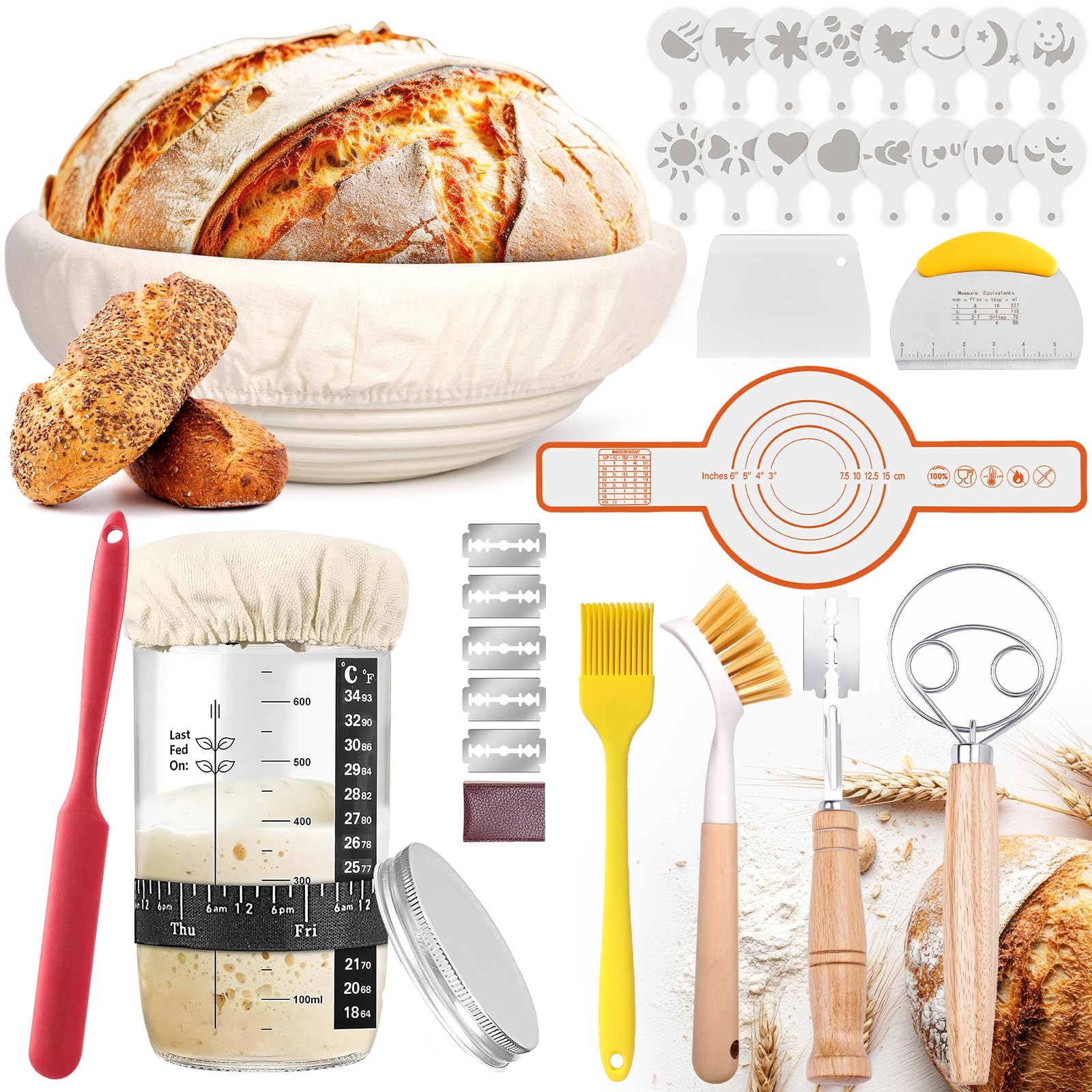 Banneton pour Pain, Corbeille a Pain Rond 25cm, Pot de Fermentation 700ml, Grattoir à Pâte, Brosse, Kit Boulangerie pour Pains à Levain, Panier a Pains pour Débutant, Passionné de Boulangerie