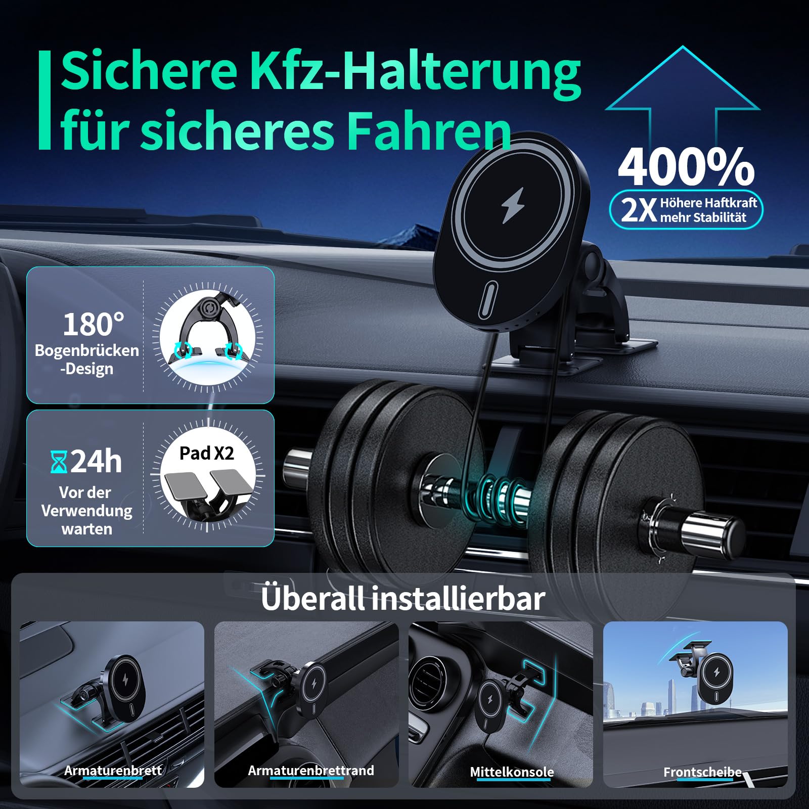 für Magsafe Autohalterung mit Ladefunktion 15W, Handyhalterung Auto für Magsafe Ladegerät für iPhone 17 16 15 14 13 12 für Samsung Galaxy S25 24 23 22 21 20 - für Armaturenbrett/Frontscheibe