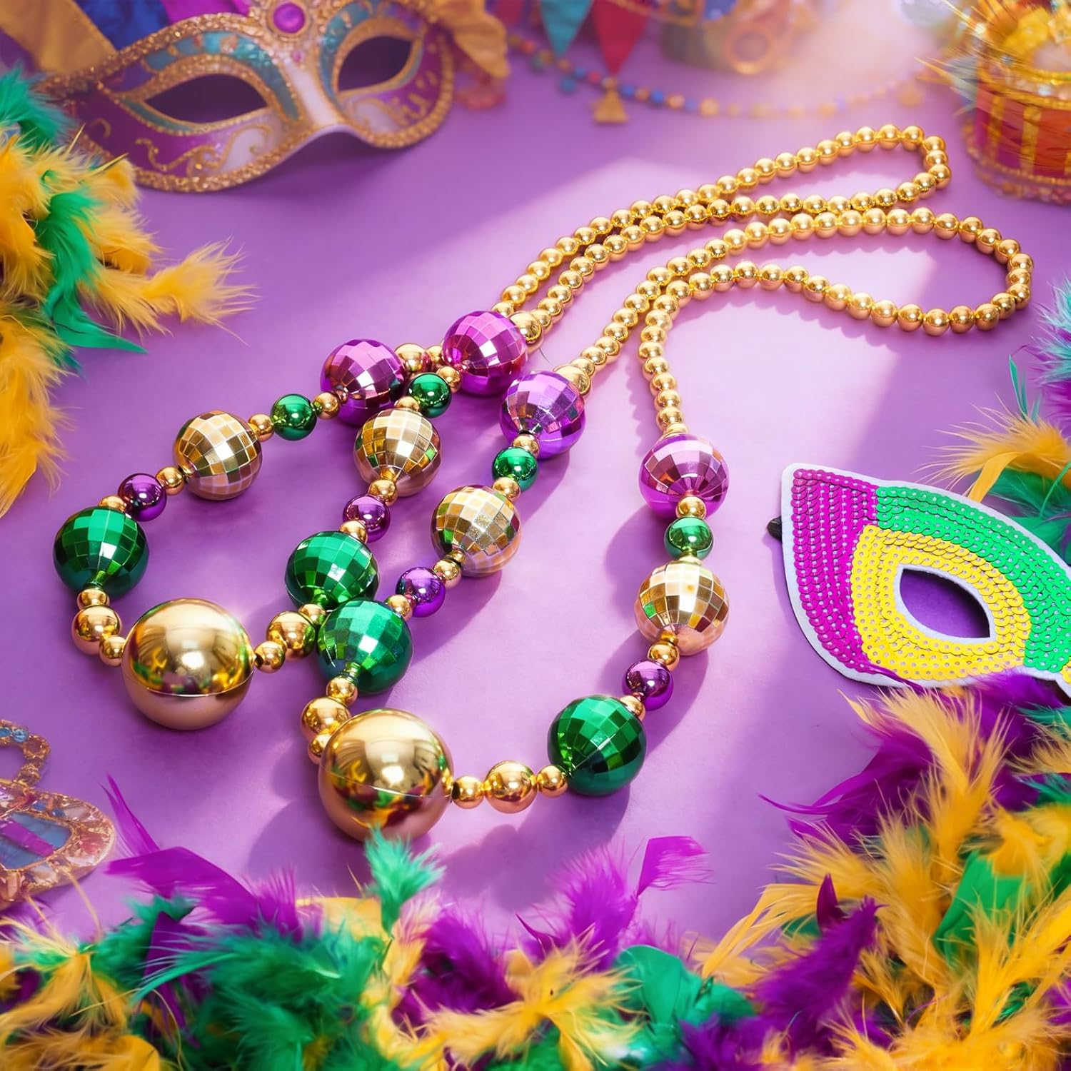 2 Pcs 44 Inch Mardi Gras Jumbo Ball Bead Necklaces for Mardi Gras, Parades, Carnival, Party Favors