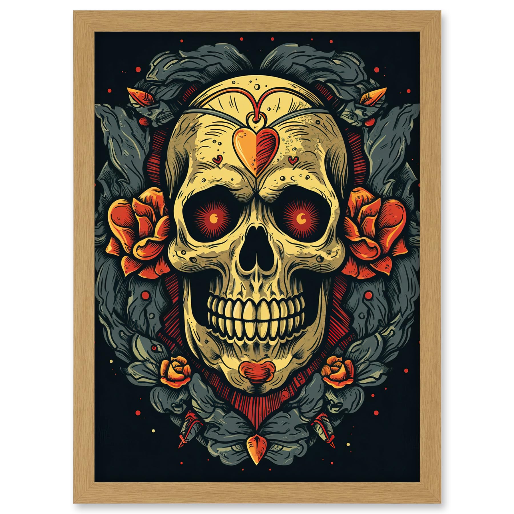 Artery8 Skull Roses and Heart Tattoo Ink Body Art Rockabilly Americana 50s Artwork Framed A3 Wall Art Print
