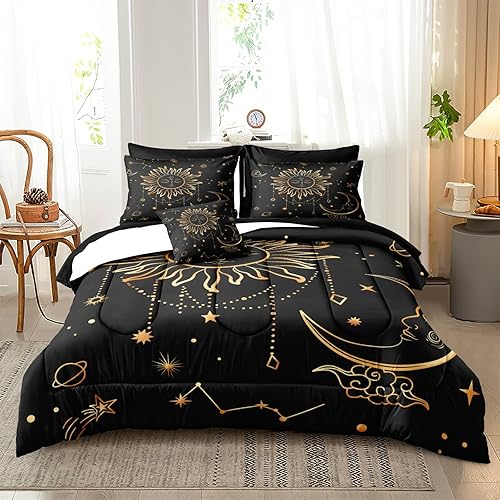 Miniatura 8 de Juego de edredón de mármol negro, cama matrimonial en una bolsa, ropa de cama bohemia hippie de 8 piezas con 1 edredón, 1 sábana encimera, 1 sábana