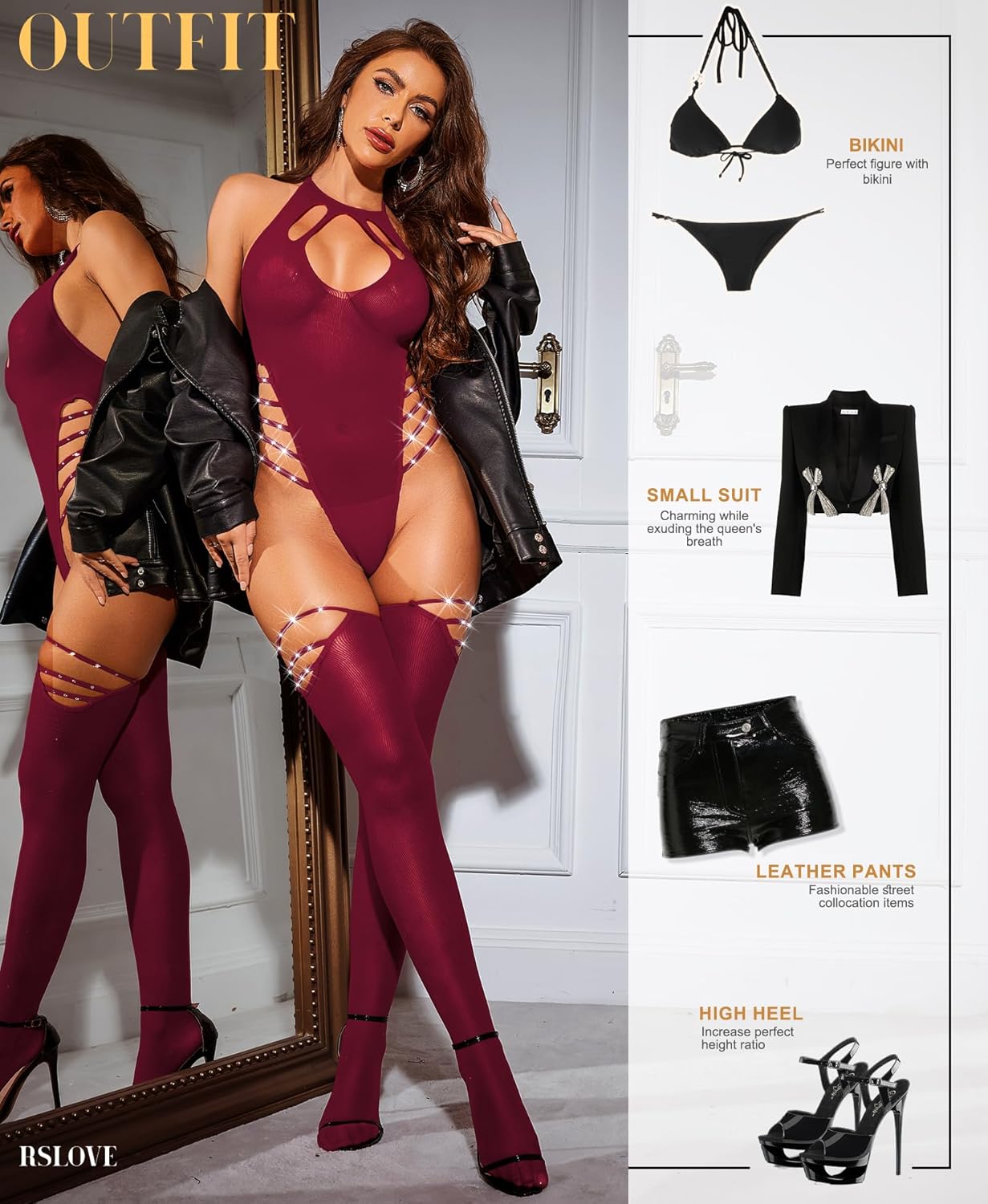 RSLOVE Sexy Lingerie Sets for Women Fishnet Bodystocking Exotic Sparkle Rhinestone Mesh Bodysuit with Thigh High Stockings - Image 3