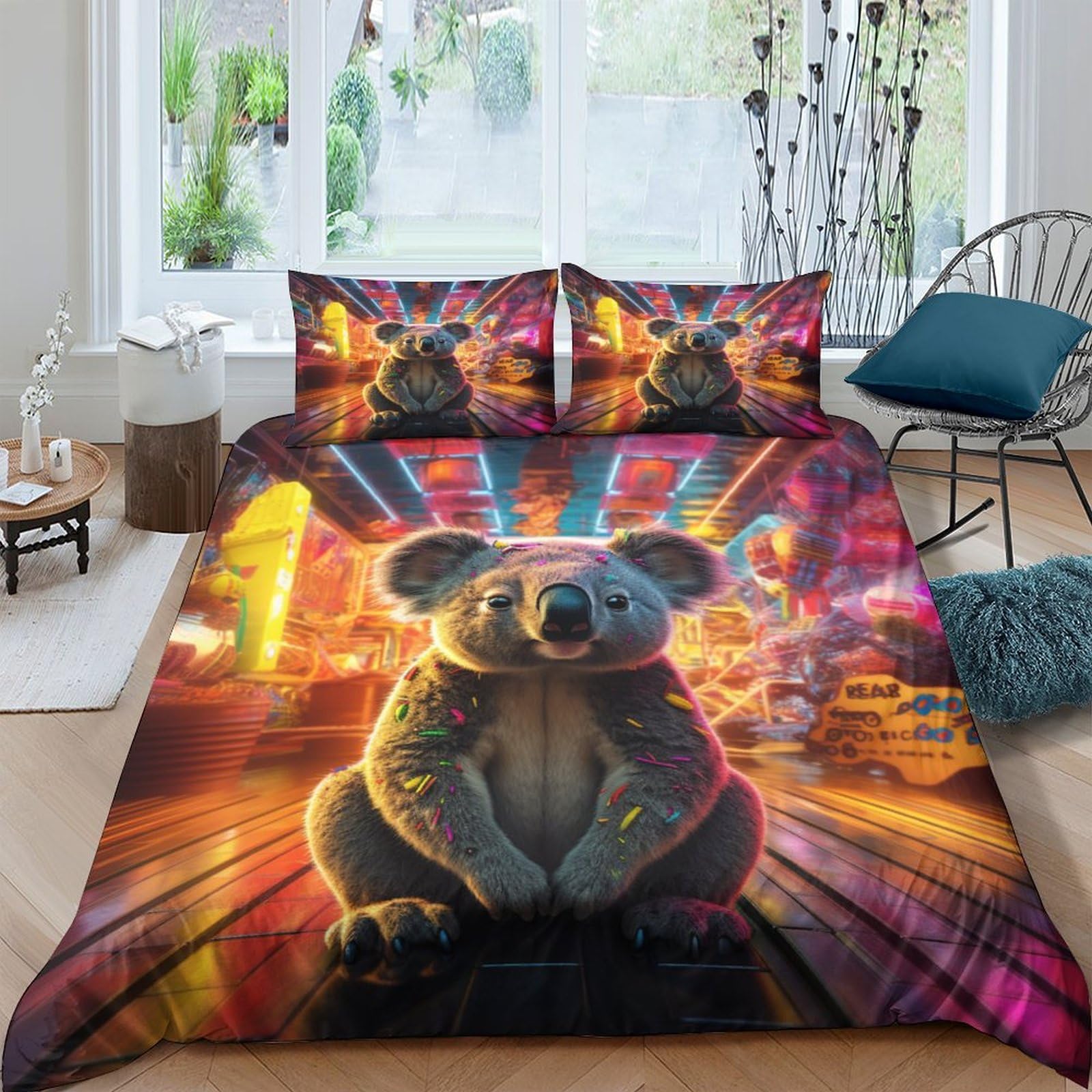 Housse de couette facile d'entretien 220x240 parure de lit zippée motif koala pour garçon et adulte