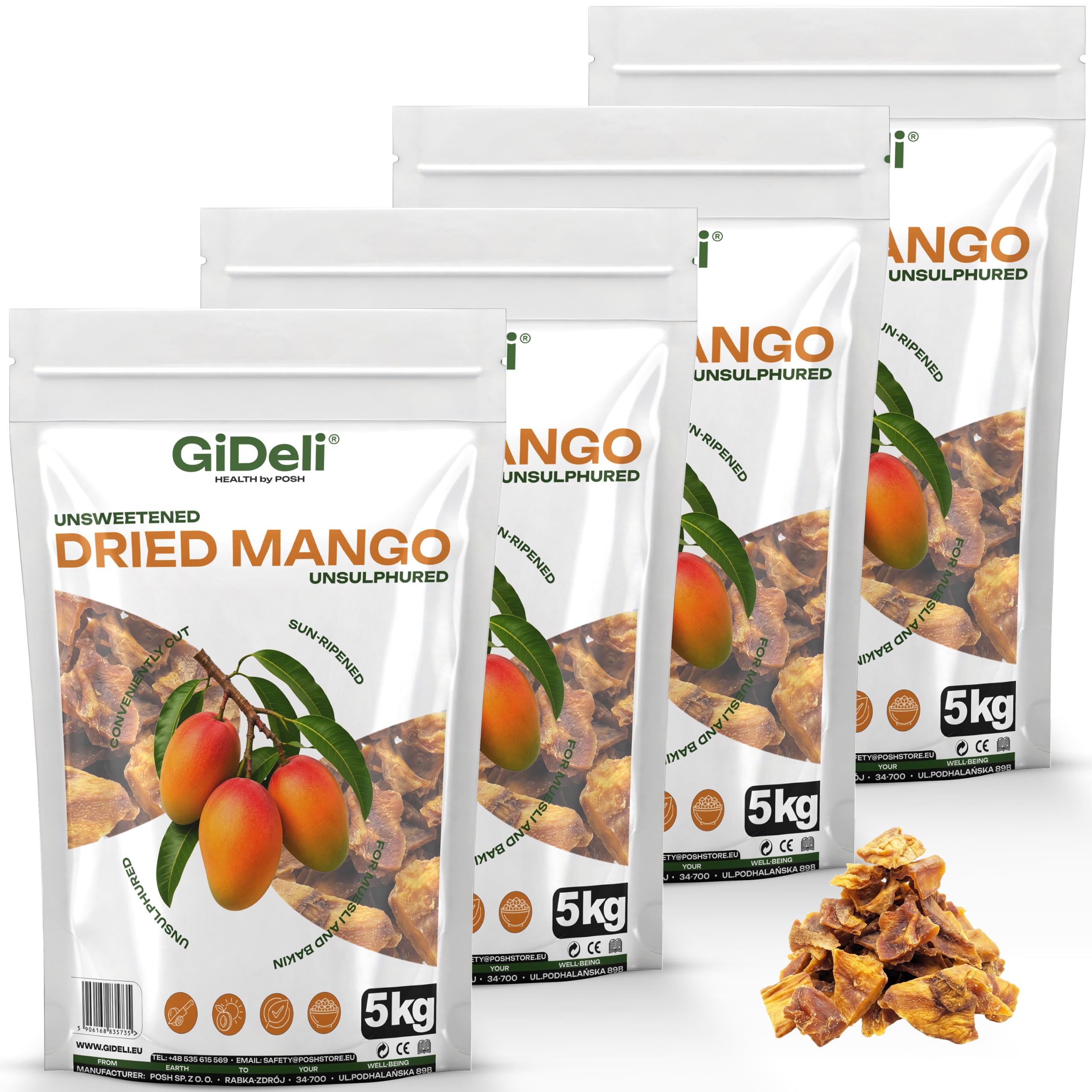 GiDeli Getrocknete Mango Ungesüßt Ungeschwefelt 4x5kg - Naturbelassene Trockenfrucht ohne Zuckerzusatz - Sonnengereifte Mangostreifen - Natürliche Ballaststoffquelle - Ideal für Müsli & Backen