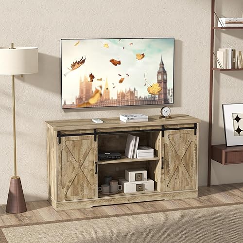 Miniatura 2 de LOKO Soporte de TV de granja para televisores de hasta 65 pulgadas, moderno centro de entretenimiento con puerta corredera, mesa consola multimedia