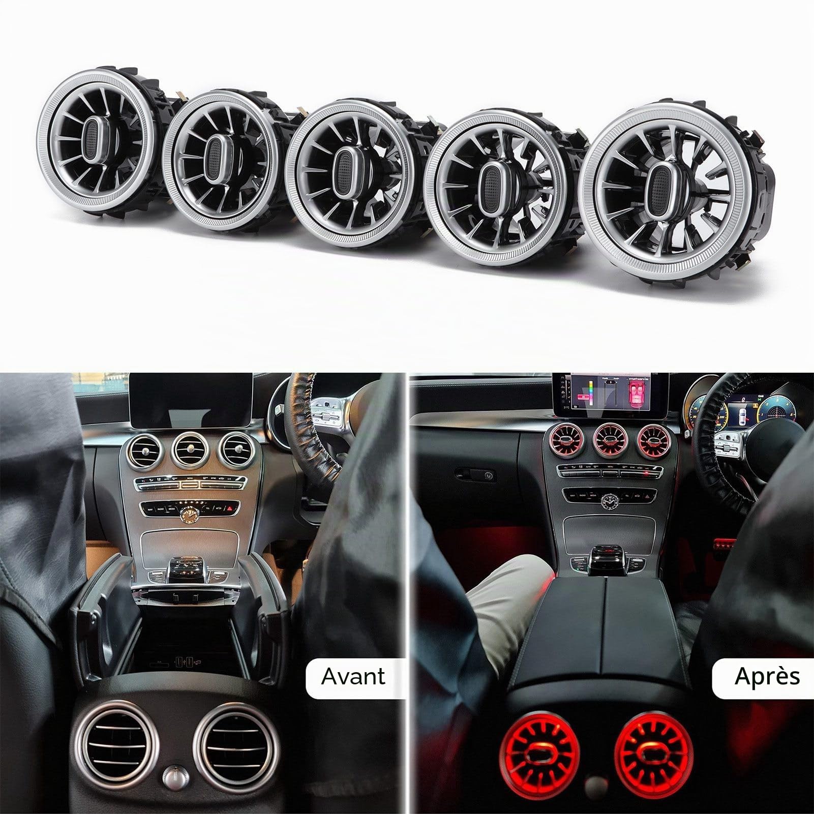 Sortie de turbine avant 5pcs Grille d'aération de turbine à LED avant avec surface chromée mate Convient pour Classe C GLC W205 X253 2019‑2021
