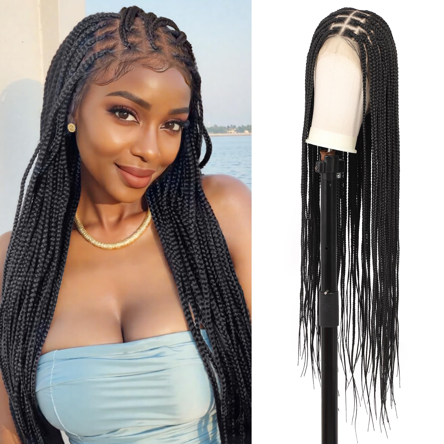 Olymei 360° Hd Full Lace Knotless Braided Wigs for Women Box Braid Wig with Baby Hair Premium Synthetic Long Black Braided Lace Front Wigs 36"