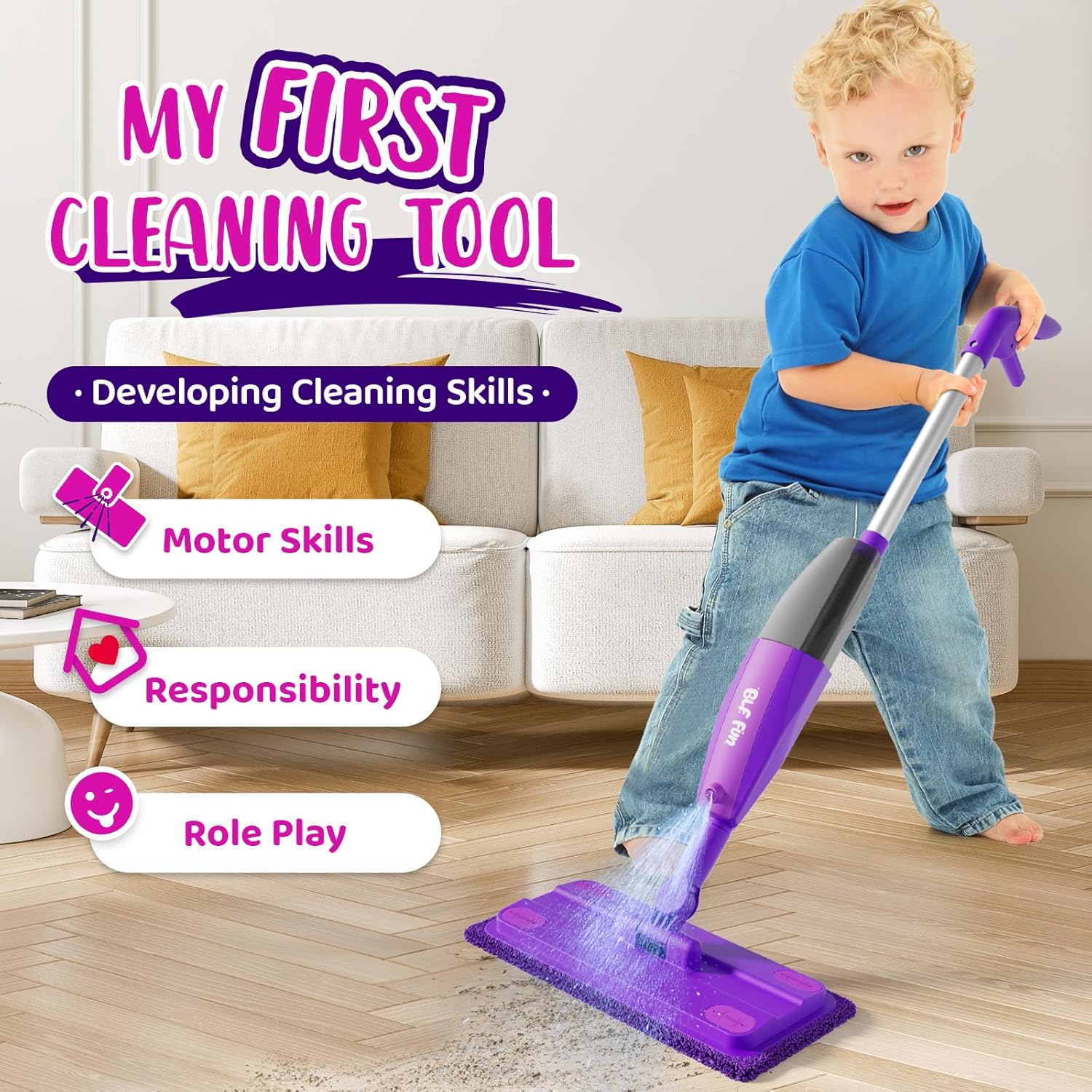 Kids Spray Mop, Toddlers Cleaning Playsets with Real Water Sprayer, Kids Mop Toys, Montessori Cleaning Set, Christmas Birthday Gifts for Boys and Girls Age 3 4 5 6, Purple