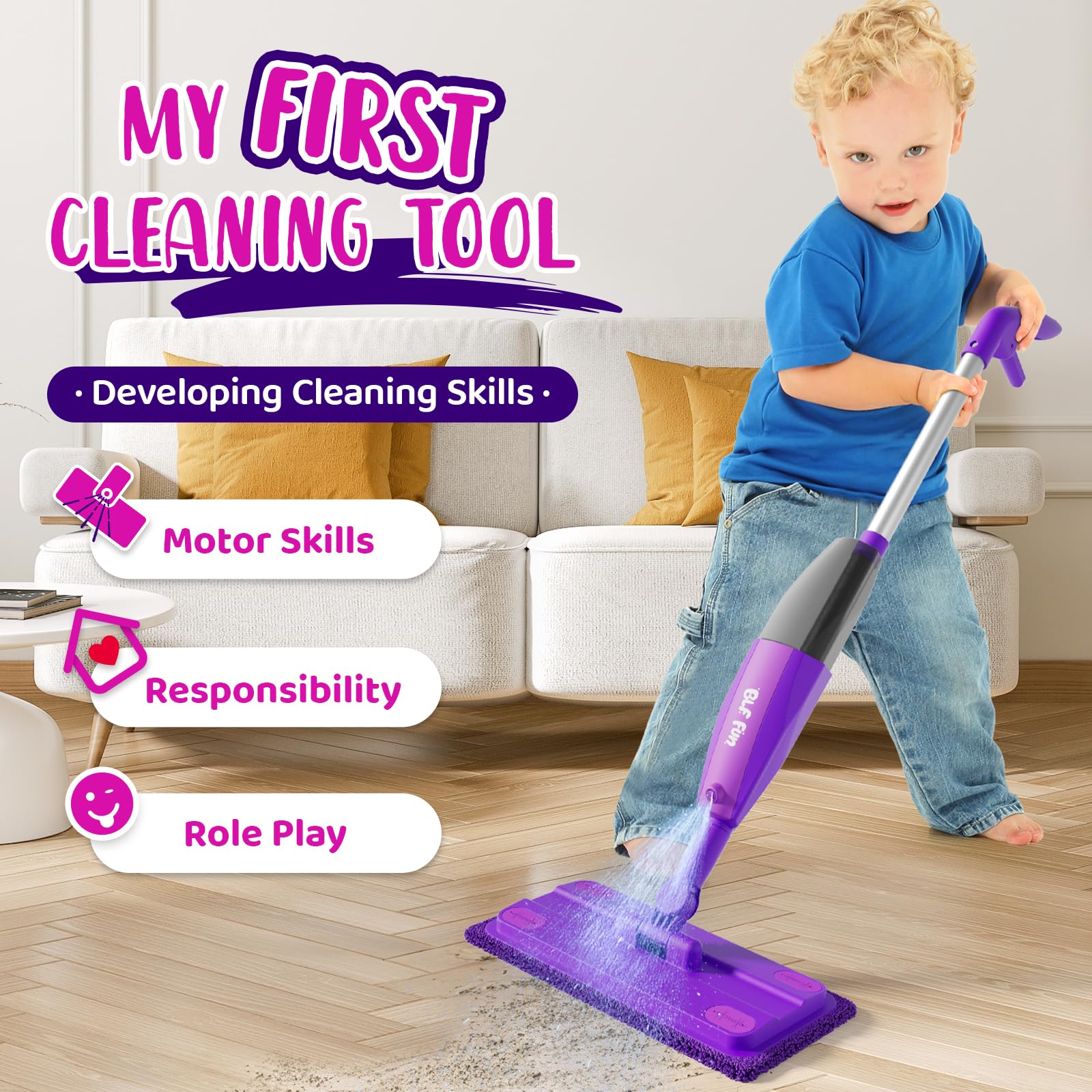 Trapeador con atomizador para niños, juegos de limpieza para niños pequeños con rociador de agua real, juguetes de trapeador para niños, juego de limpieza Montessori, regalos de cumpleaños de 2