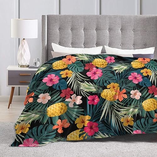 Miniatura 5 de Perinsto Manta de vellón con diseño de hojas de palma, hibisco, flores hawaianas, ultra suave y cálida para todas las estaciones, piñas tropicales,