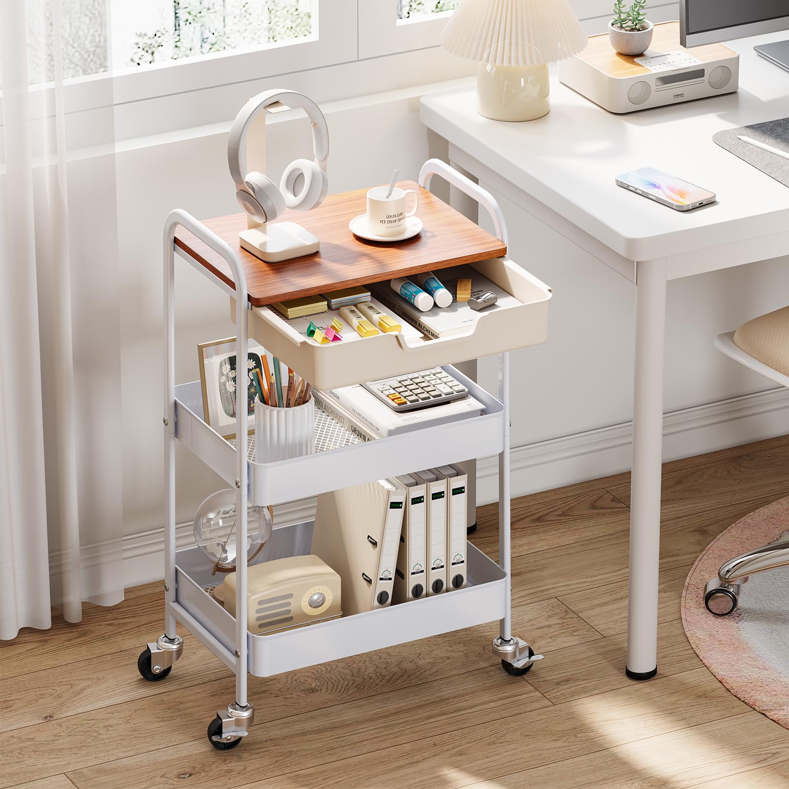 KINGRACK Carrello Cucina, Carrello Estetista a 3 Ripiani, Carrellino Salvaspazio con Cassetti, Carrello Bagno con Ruote, Carrello Portaoggetti con Piano da Legno Tavolo, Bianco (Marrone scuro)