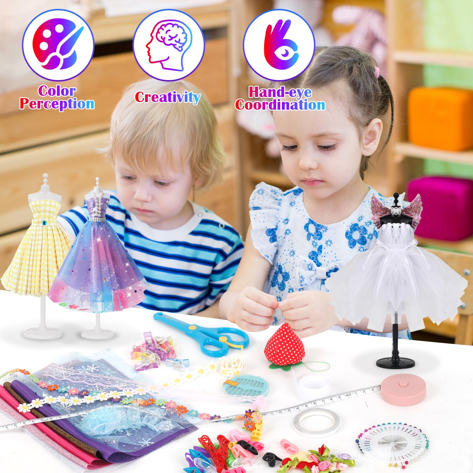 Kit Créateur De Mode Pour Enfants - Avec 6 Mannequins, Tissus, Accessoires, Outil Sécurisé, Activité Manuelle Cadeau Filles 6-9 Ans