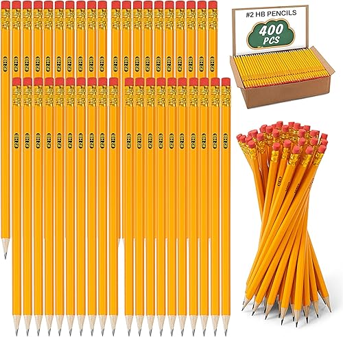 IKAYAS Paquete de 400 lápices amarillos #2 HB con borradores para niños, preafilados, ambidiestros, escritura, dibujo, bocetos