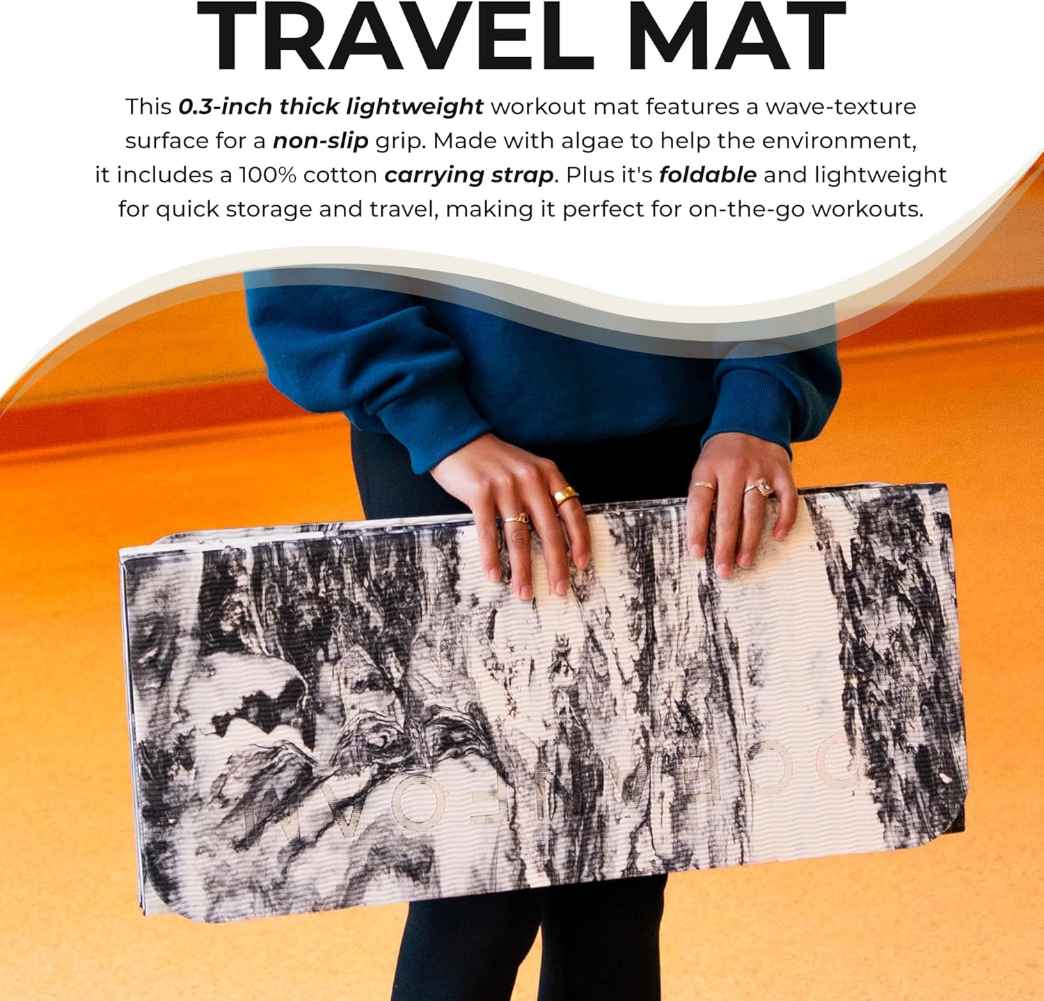 Oceanfoam Travel Workout Mat – 0.3" Thick Folding Exercise Mat for Yoga, Pilates, & Fitness – Non-Slip with Cotton Carrying Strap, Made with Sustainable Algae Foam – 24" x 72" (Black Marbled)