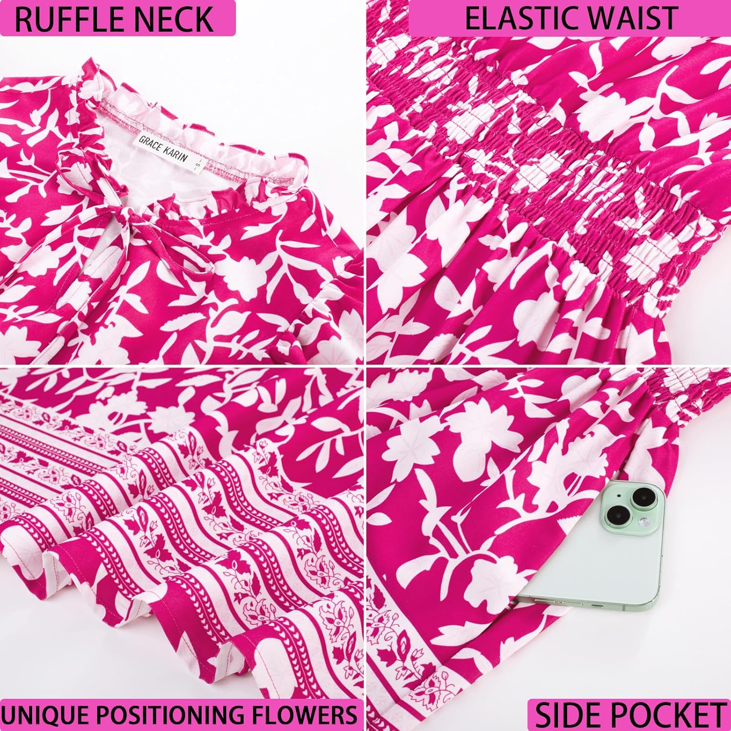 GRACE KARIN Women's Floral Boho Dress Hawaiian Dresse Short Sleeve V Neck Summer Beach Wedding Guest Swing Maxi Sundress - Image 4