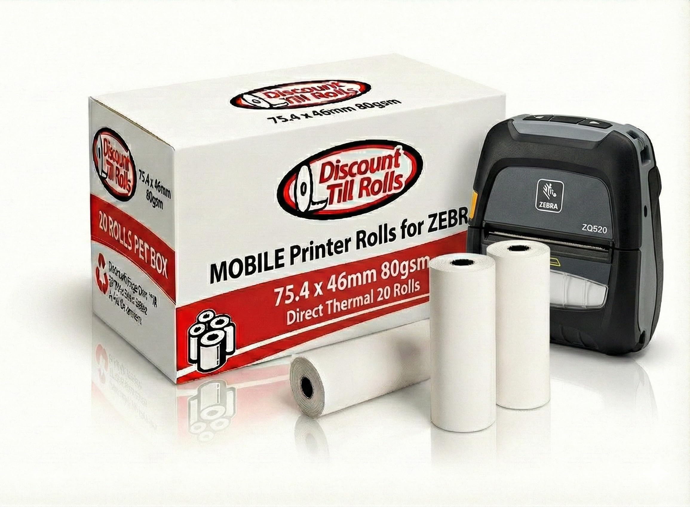 Zebra IMZ320 - Rollos de papel térmico directo (20 cajas de rollo), 75,4 mm x 46 mm x 12,7 mm, núcleo continuo (ancho x largo), 80 g/m² (no etiquetas) (1)