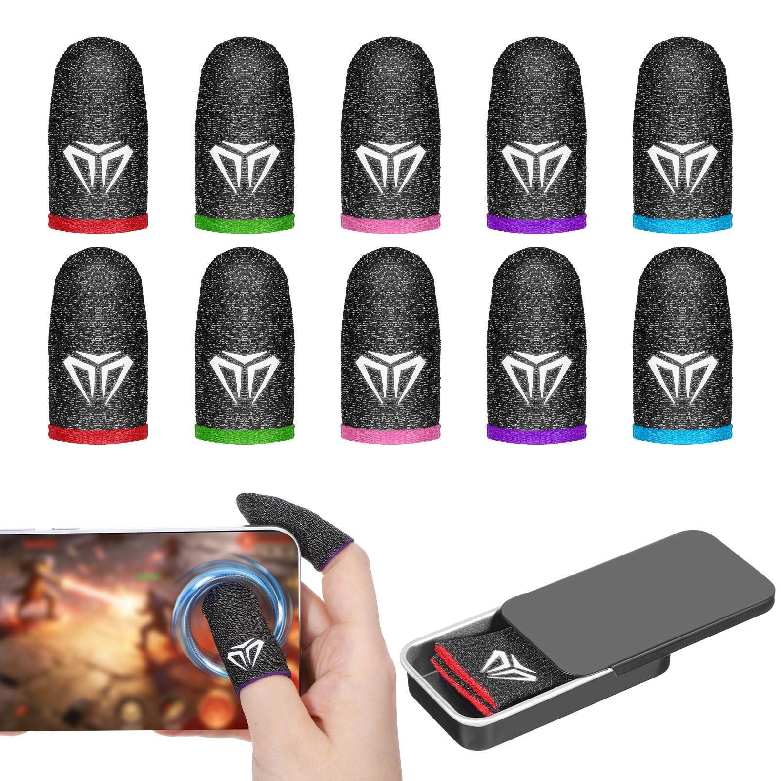 Qianyu Lot de 10 manchons de doigt de jeu mobiles avec étui, fibres argentées pour écran tactile pouce manchon de pouce soyeux anti-transpiration respirant protège-doigts gants adaptés à tous les jeux
