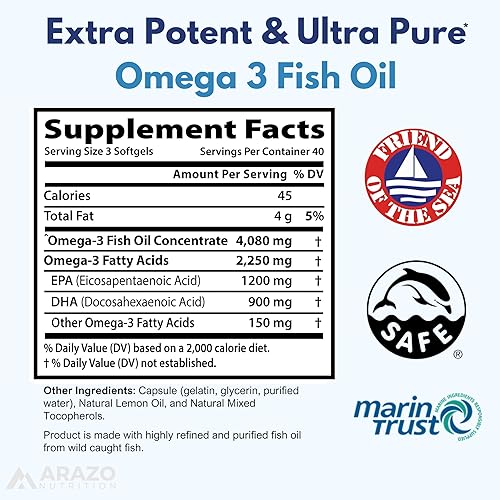 Miniatura 10 de Arazo Nutrition Wild Caught Omega 3 Aceite de pescado - 60 geles suaves - 4,080 mg de alto EPA 1200 mg DHA 900 mg sabor limón cápsulas blandas sin