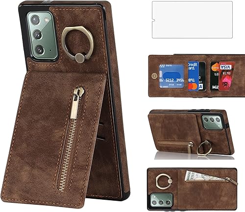 Asuwish Funda de teléfono para Samsung Galaxy Note 20 5G con protector de pantalla de vidrio templado y cremallera RFID tarjetero soporte de anillo