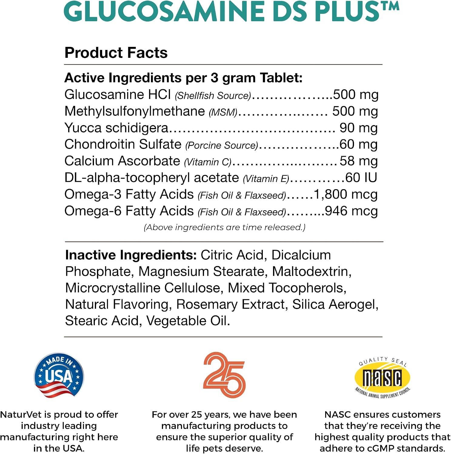 NaturVet Glucosamine DS Plus Level 2 Moderate Care Joint Support Supplement for Dogs and Cats, Chewable Tablets Time Release, Made in The USA, 60 Count