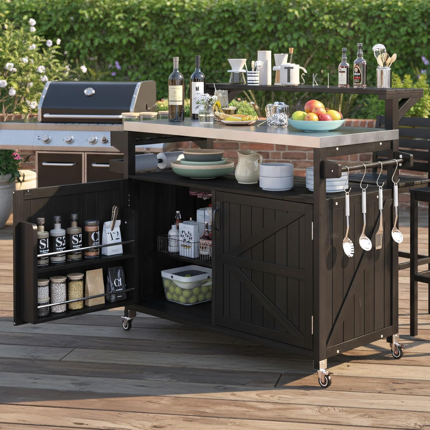 53.3" Outdoor Kitchen Island with Stainless Steel Top, Rolling Grill Cart with Adjustable Shelves, Raised Shelf, Lockable Wheels, Portable Outdoor Table and Bar Storage Cabinet for Patio