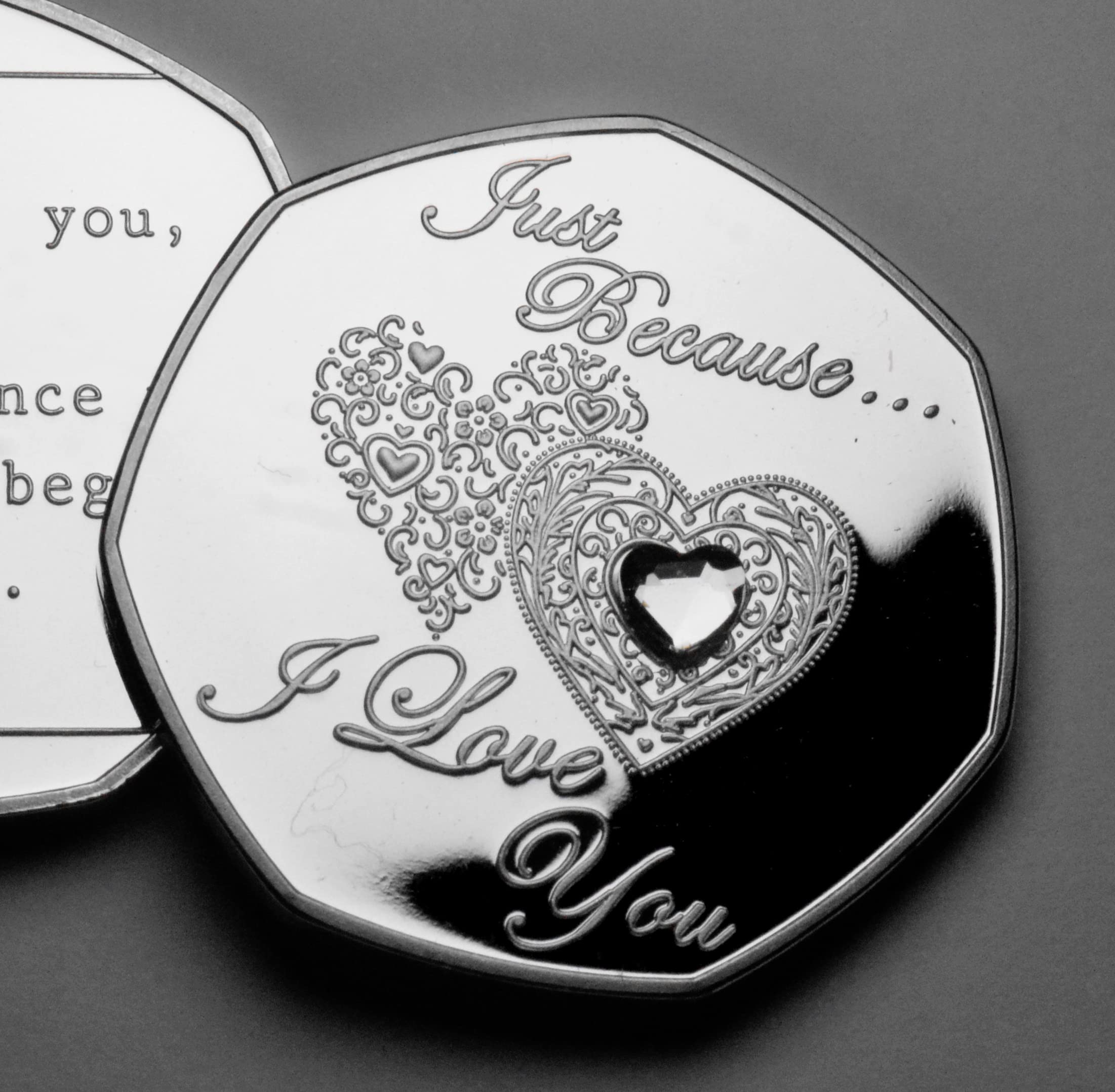 The Commemorative Coin Company Just Because. I Love You Silver Commemorative with White Diamante Gemstone. Gift/Present Husband/Wife/Partner/Boyfriend/Girlfriend/BF/GF