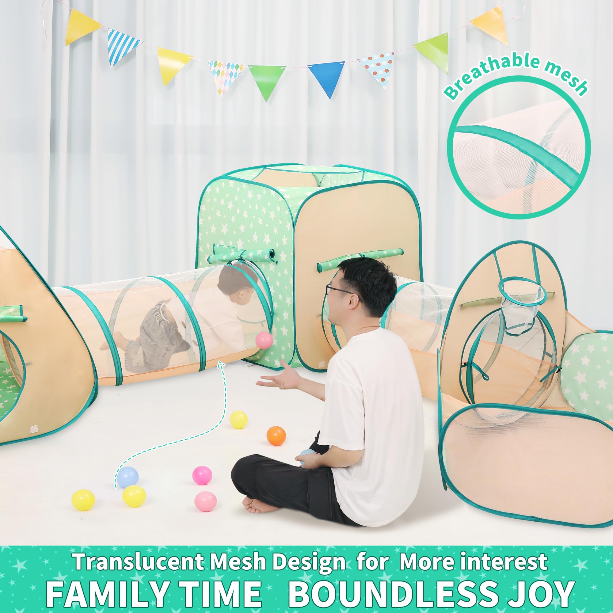 LimitlessFunN 5 in 1 Pop Up Kids Ball Pit Tents and Tunnels for Boys, Girls, Babies and Toddlers, Indoor/Outdoor Children Playhouse, Orange/Light Green - Image 2