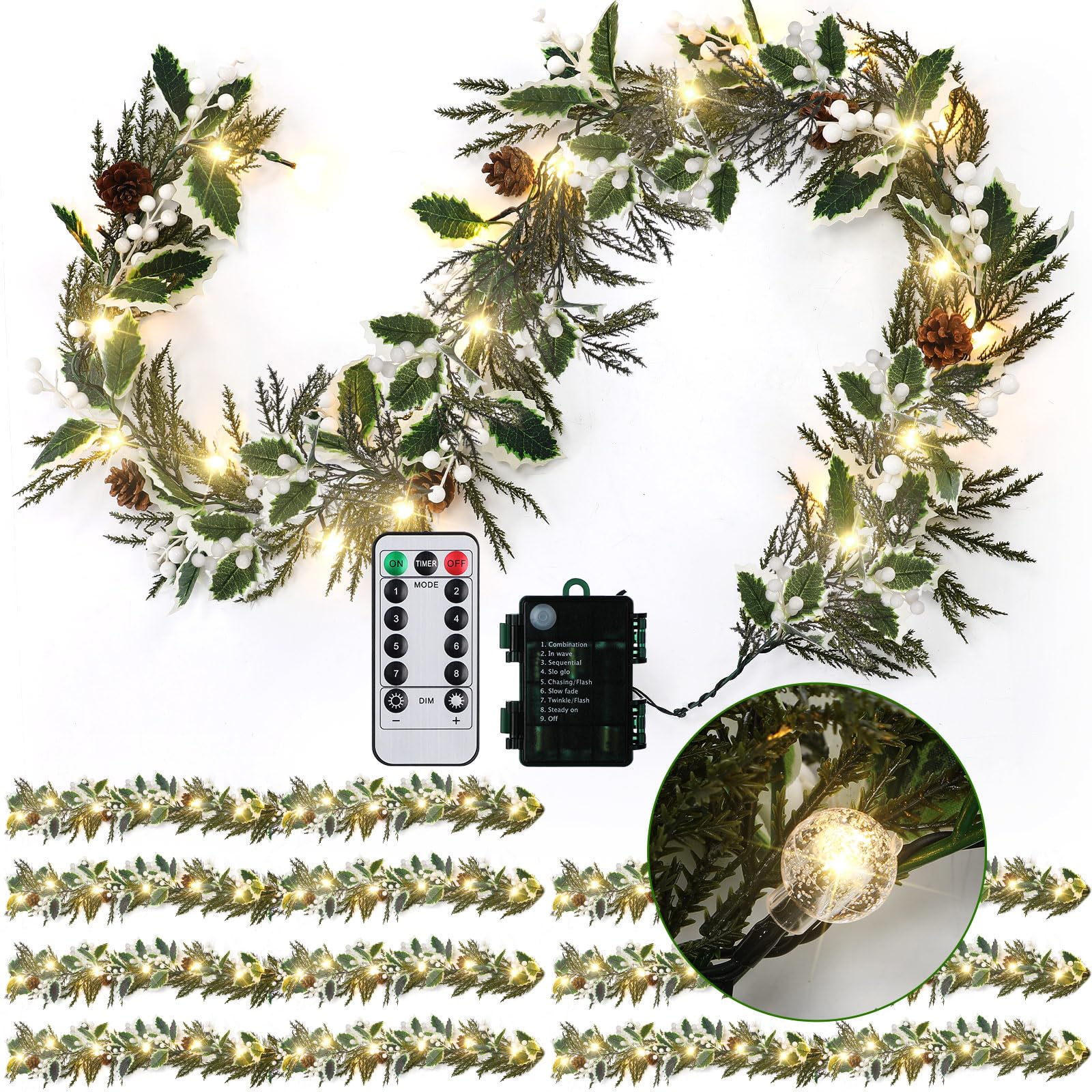 Guirlande de Noël sans fil artificielle avec baies et minuteur