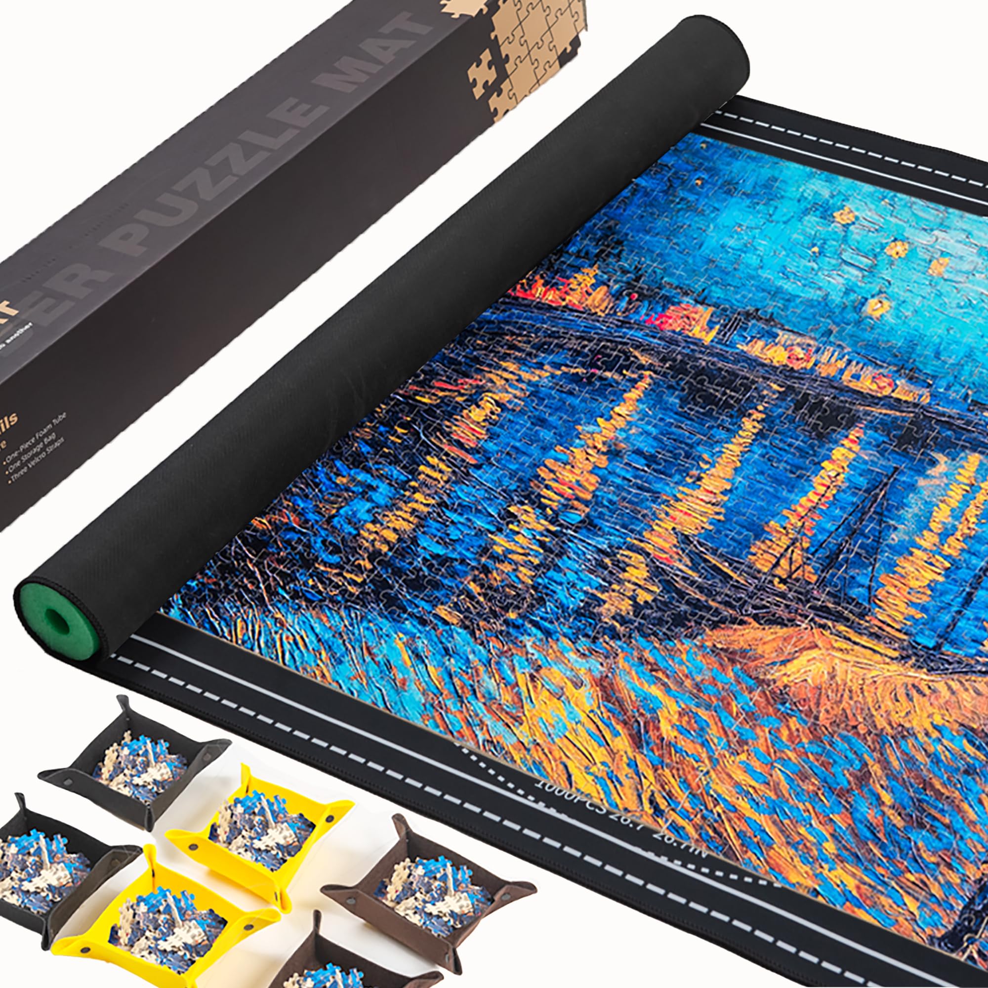 Premium Jigsaw Puzzle Mat Roll-Up Design Non-Crease Rubber Surface, Accommodates 2000 3000 Pieces 49?x 36?Large Black Pad with Sorting Trays and Accessories Ideal Outdoor Gift for Puzzle Enthusiasts