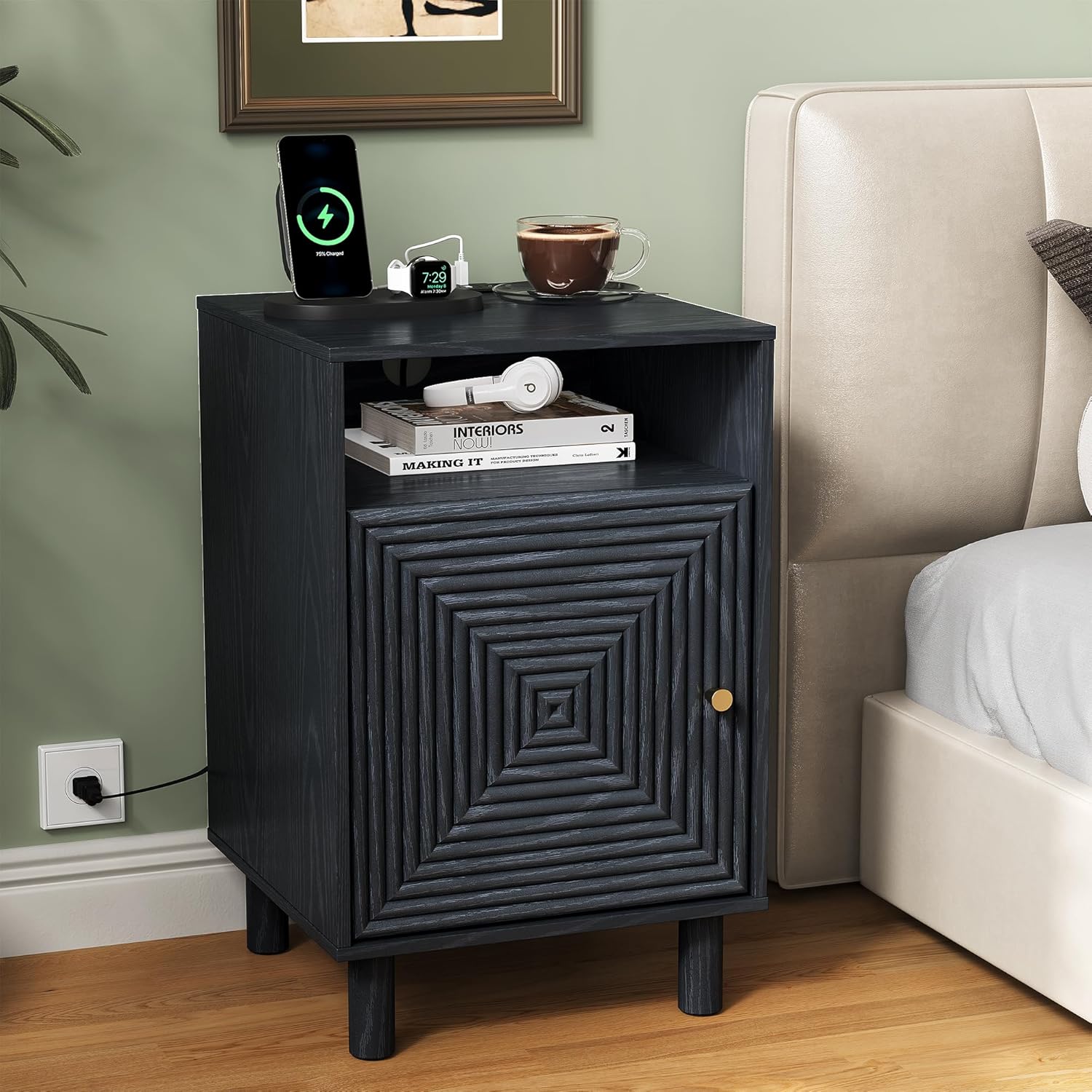 RoyalCraft Nightstand with Charging Station, Modern Side Table with Door, Accent End Table with Solid Wood Legs, Bedside Table for Bedroom, Entryway, Black