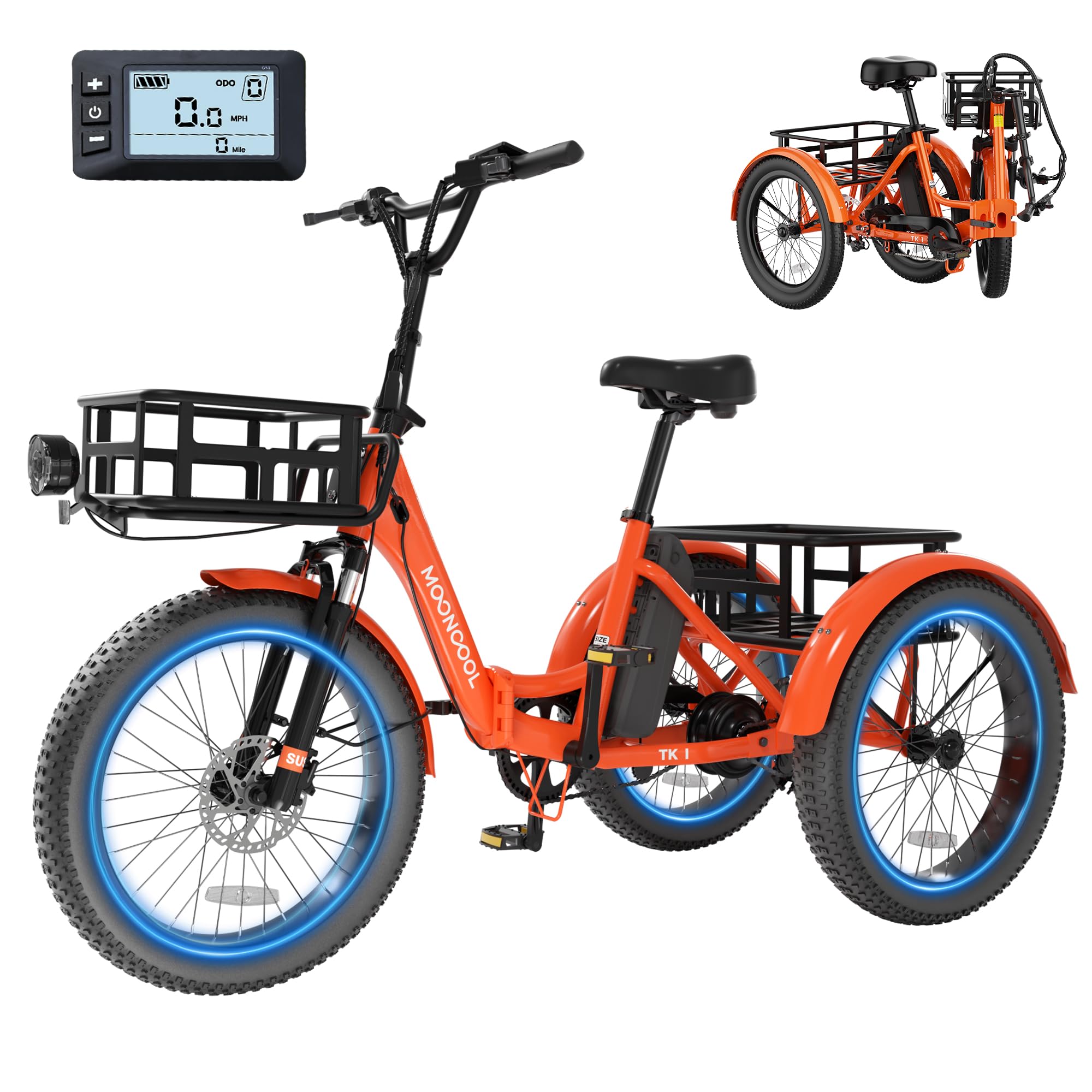 MOONCOOL Electric Tricycle for Adults, 500W/750W 48V Folding Electric Trike Peak Power 1100W, 20"x3.0" Fat Tire 3 Wheel Ebike, Aluminum Adult Tricycle with Removable Battery, Rear Differential