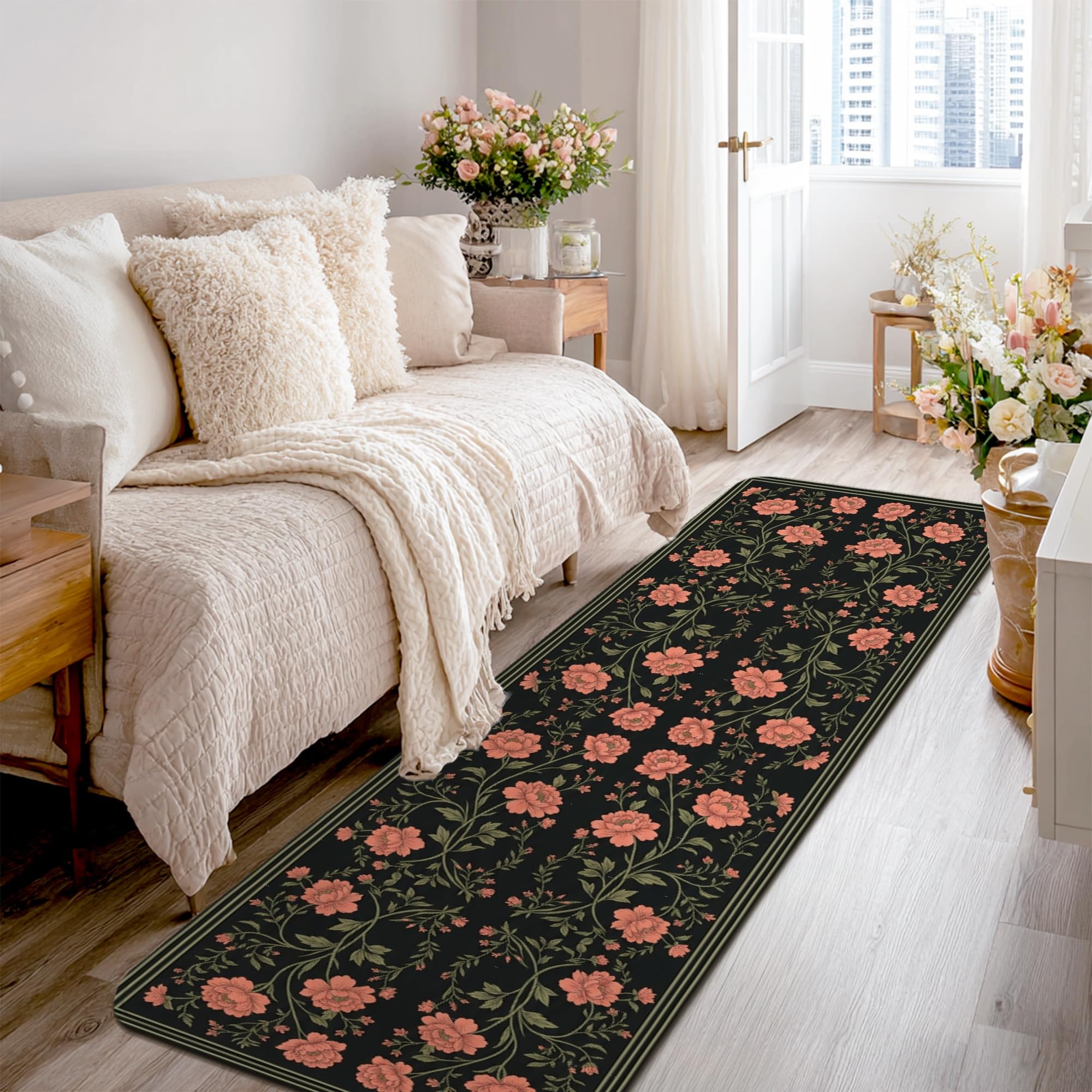 Alfombra de flores tradicional para decorar el pasillo de casa y la entrada